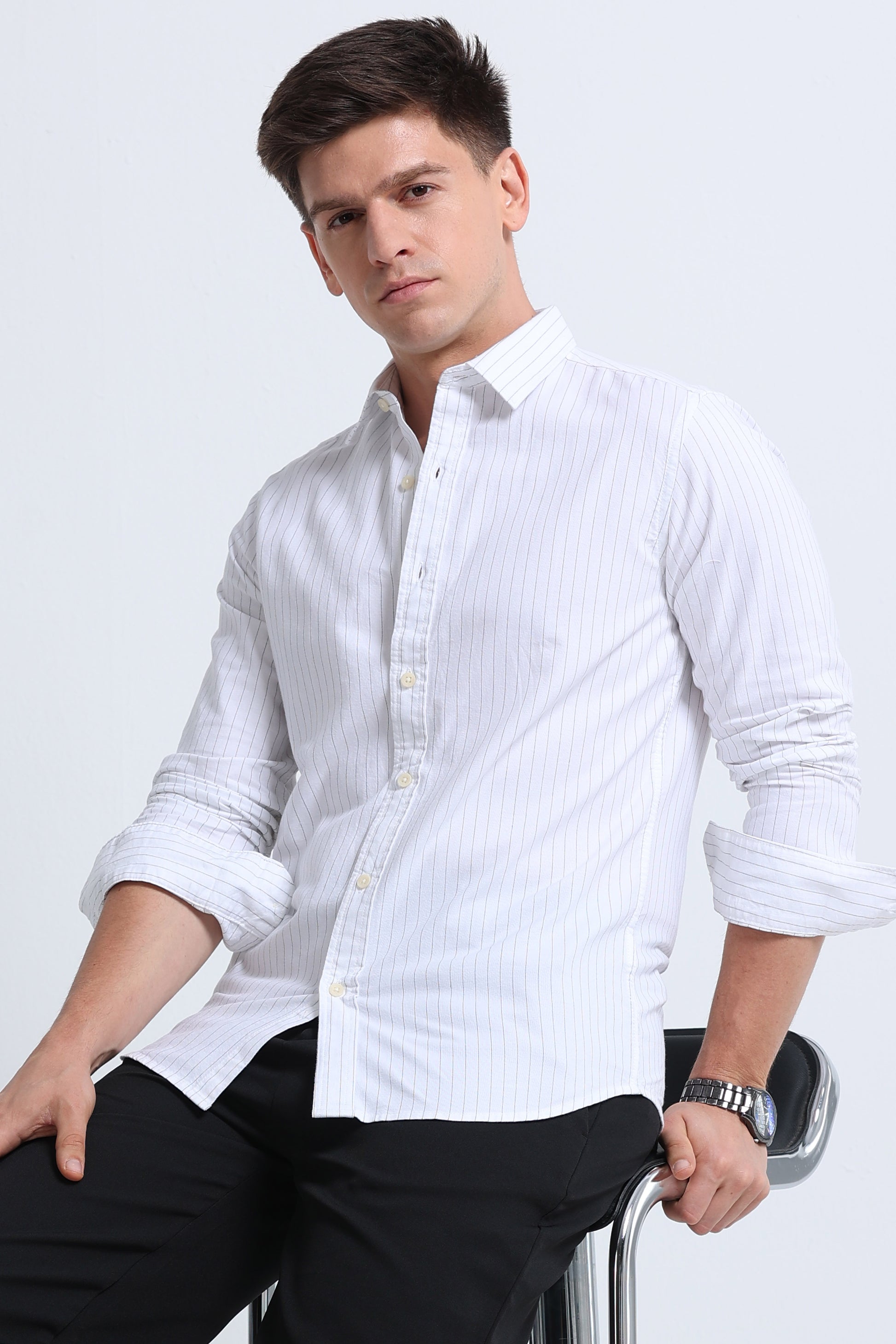 Slim Striped Cotton Oxford Shirt Off White