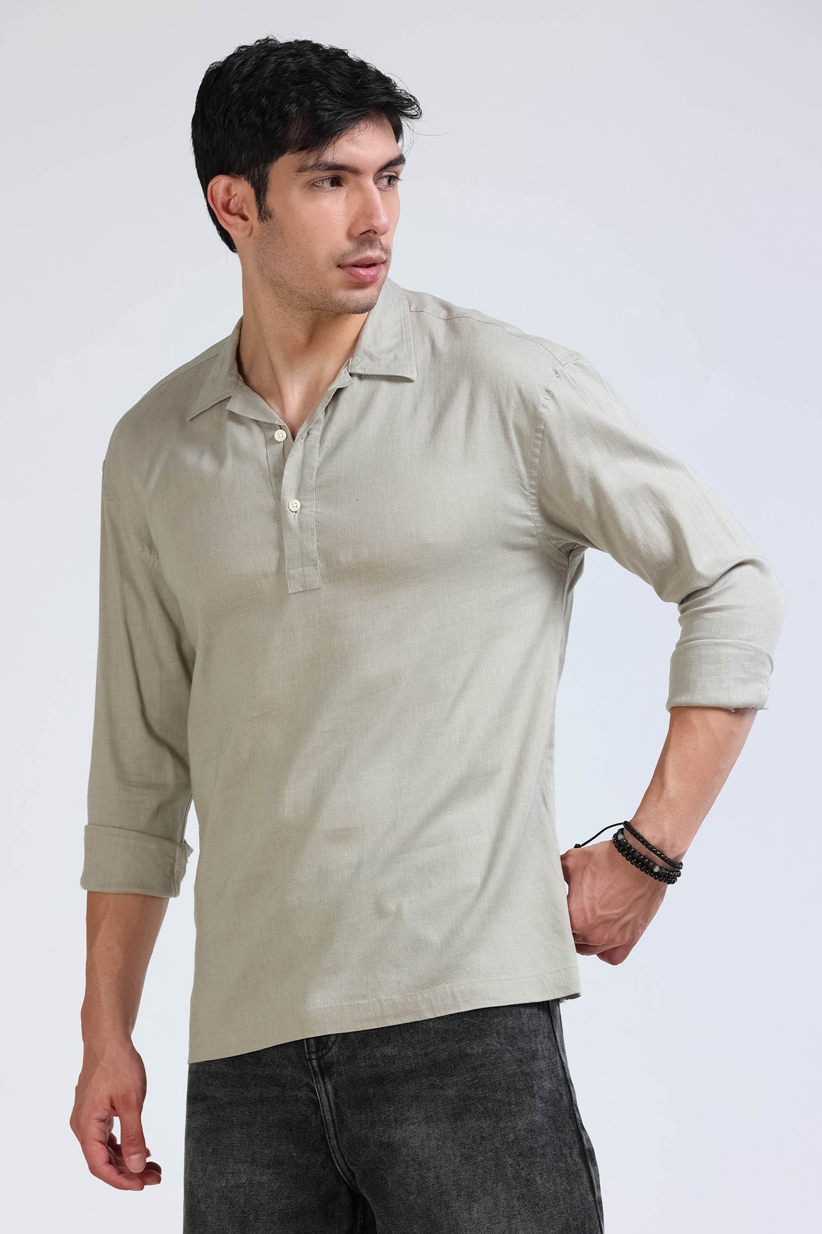 Beige Linen Short Kurta - Slim Fit