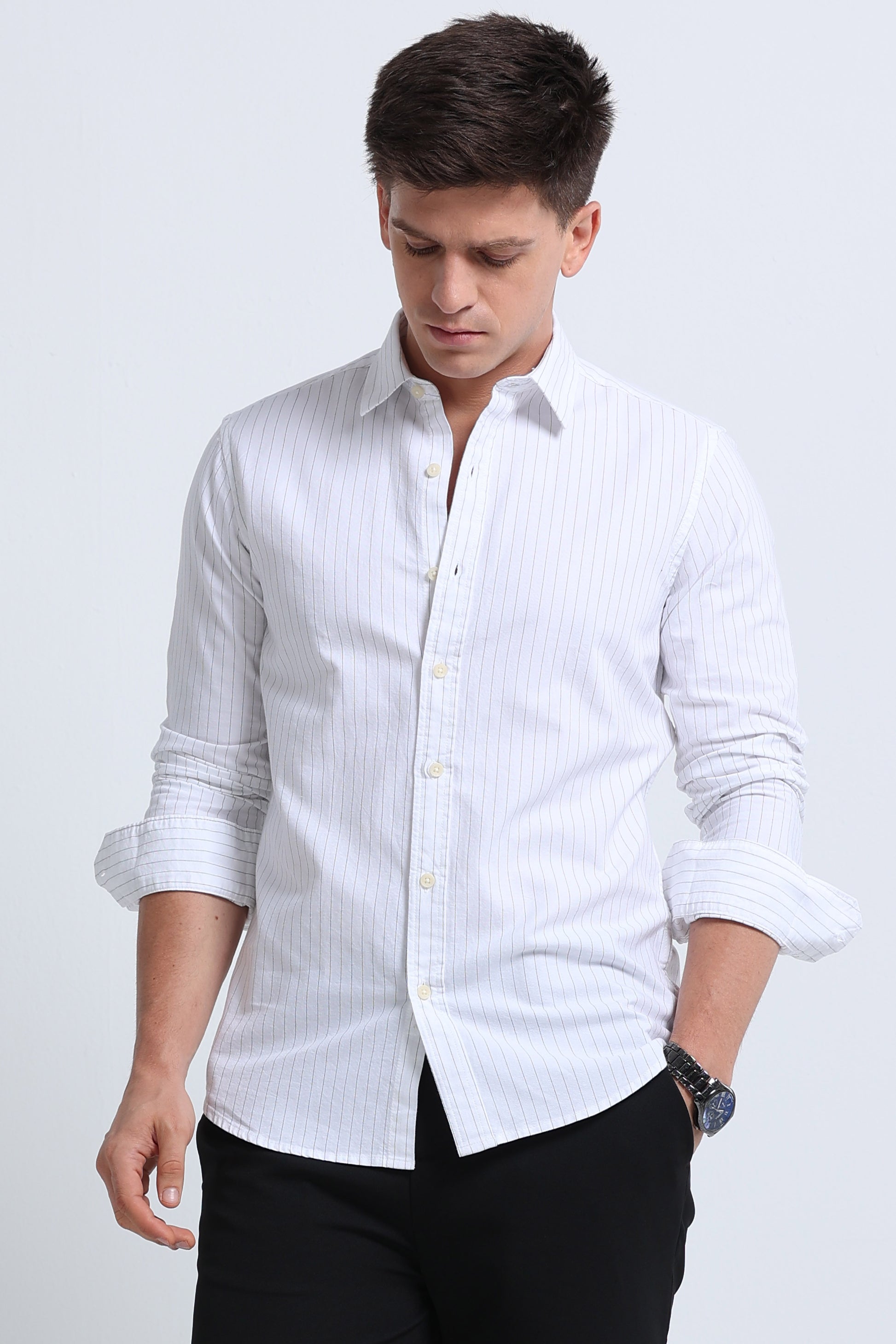 Slim Striped Cotton Oxford Shirt Off White