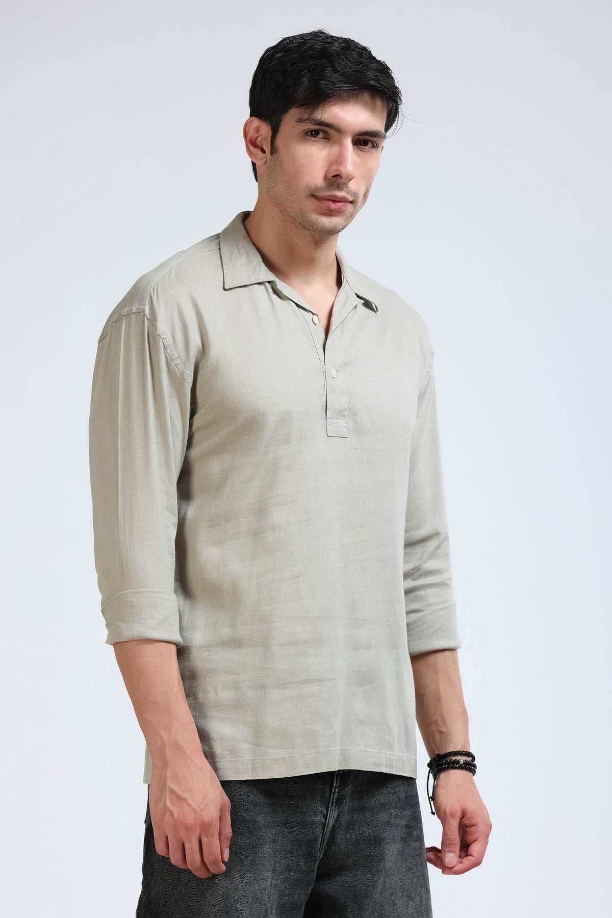 Beige Linen Short Kurta - Slim Fit