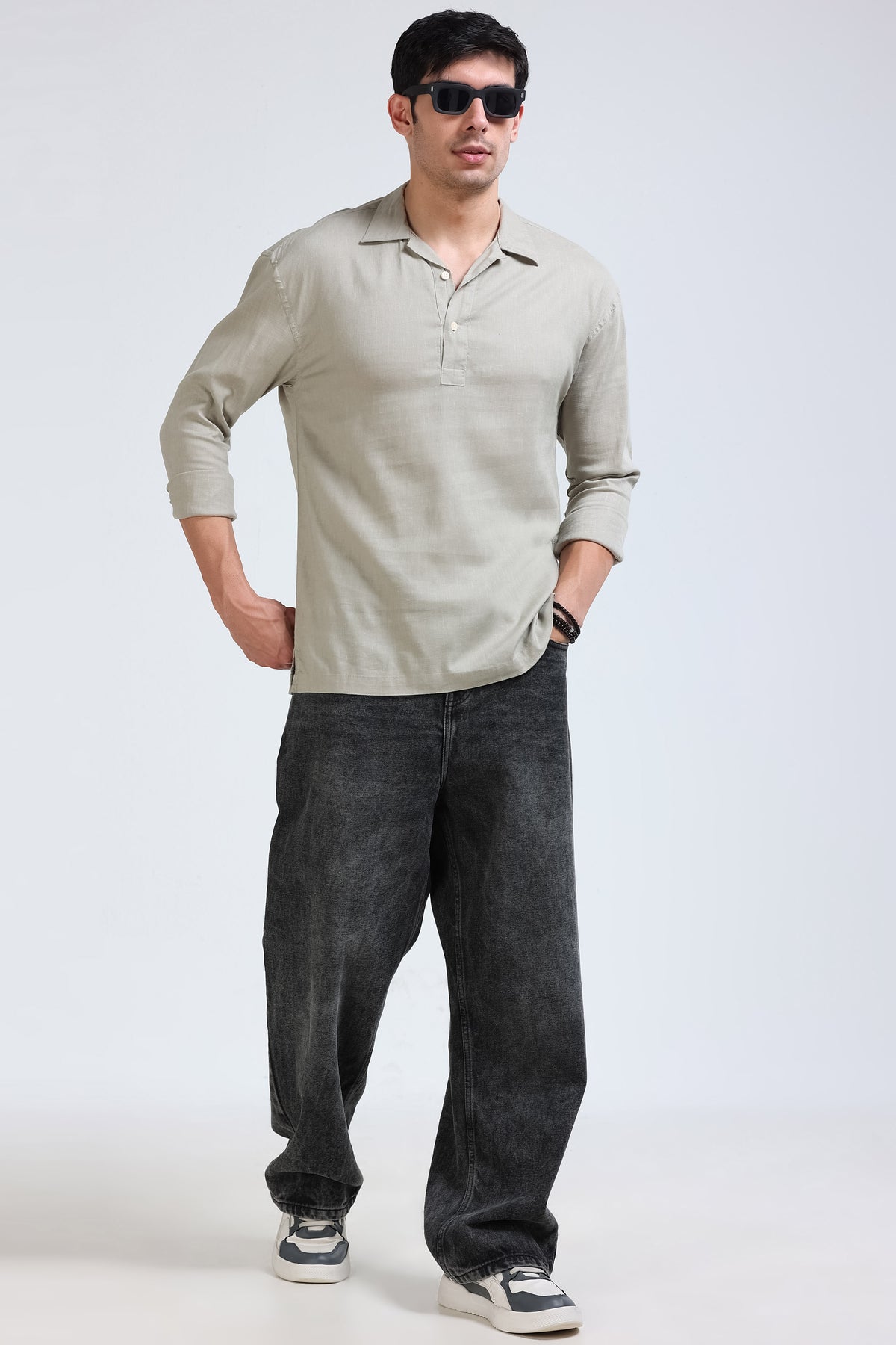 Beige Linen Short Kurta - Slim Fit