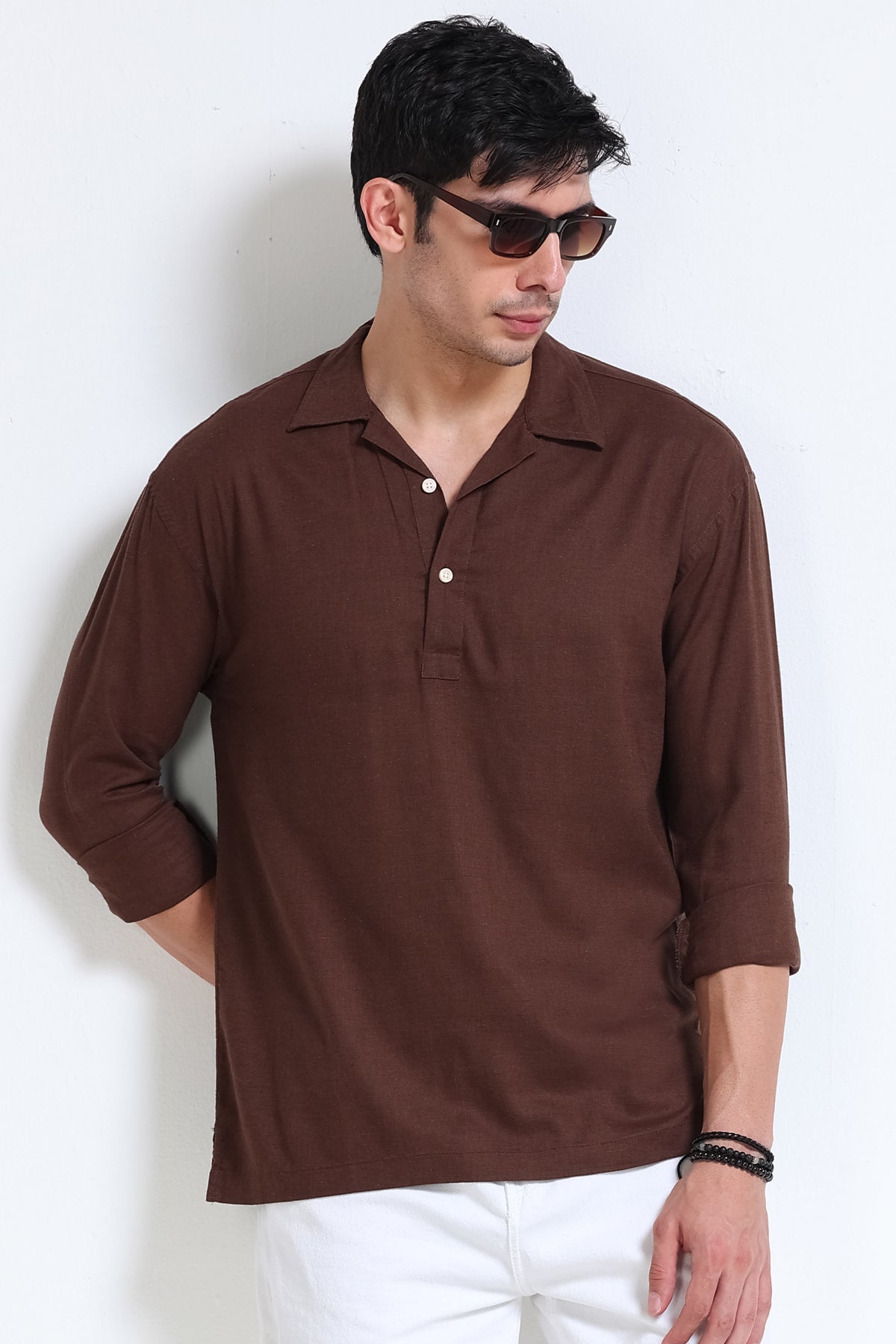Dark Brown Linen Short Kurta - Slim Fit