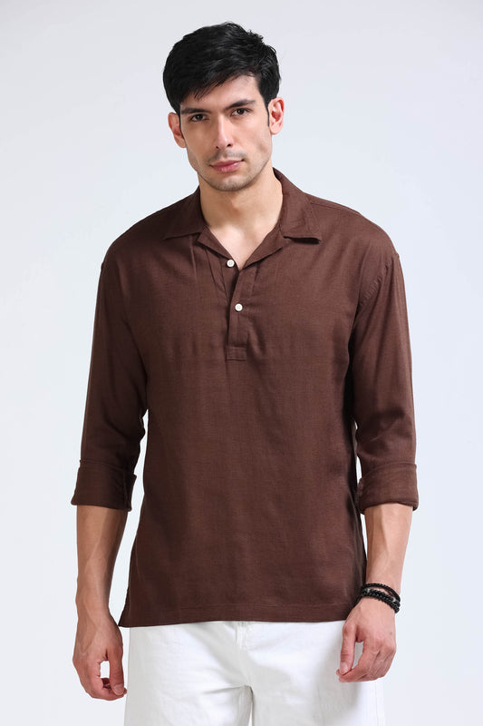 Dark Brown Linen Short Kurta - Slim Fit