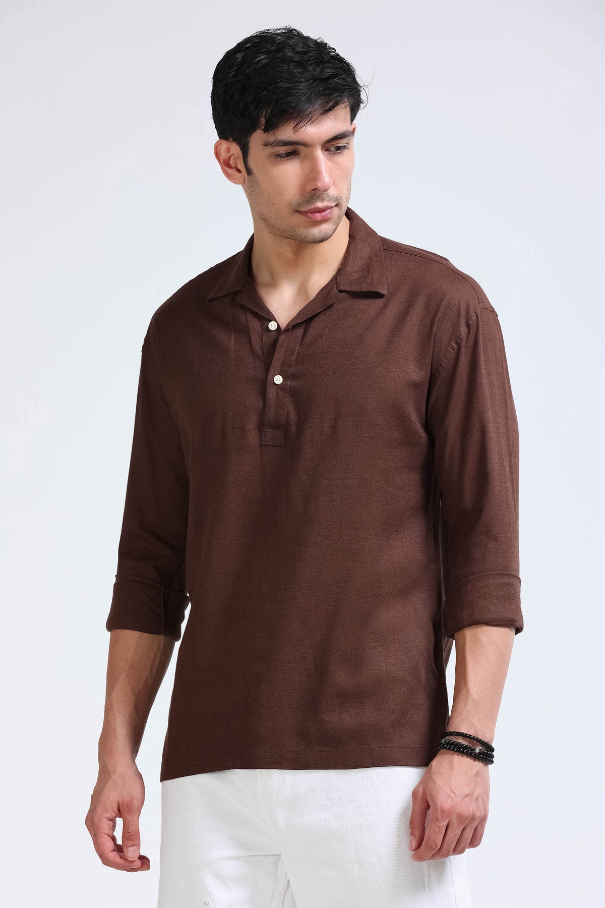 Dark Brown Linen Short Kurta - Slim Fit