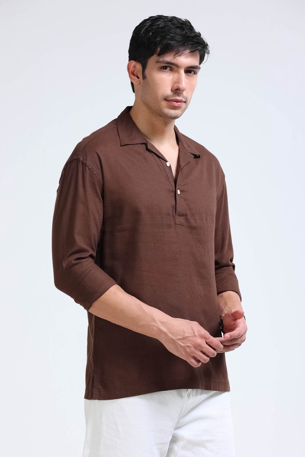 Dark Brown Linen Short Kurta - Slim Fit
