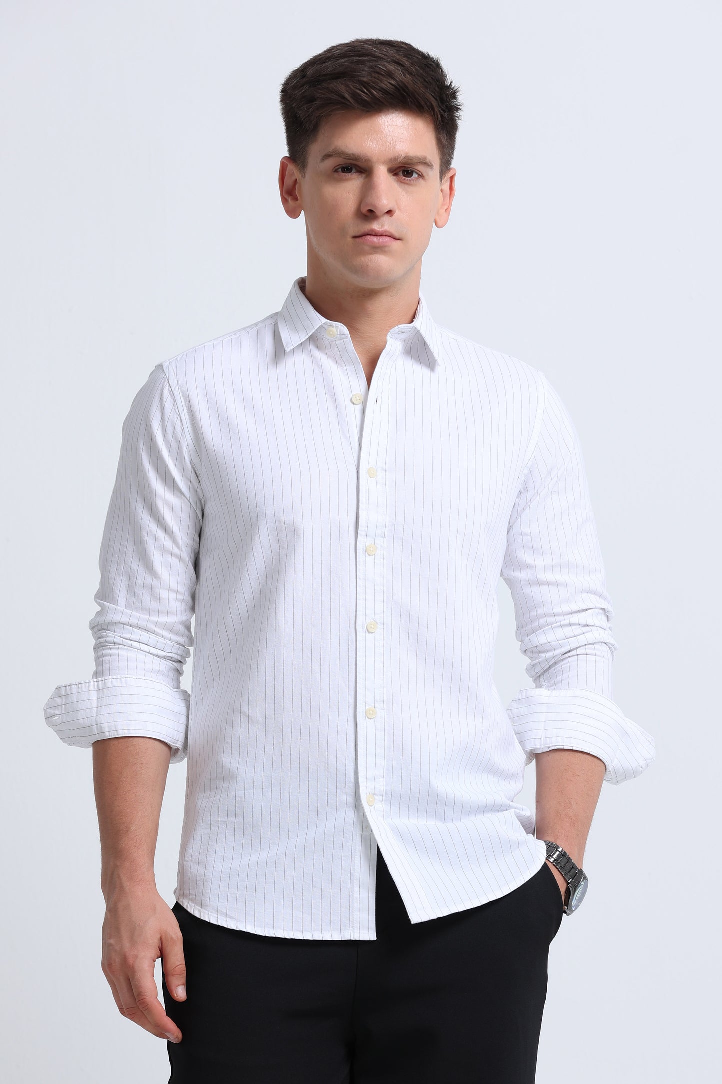 Slim Striped Cotton Oxford Shirt Off White