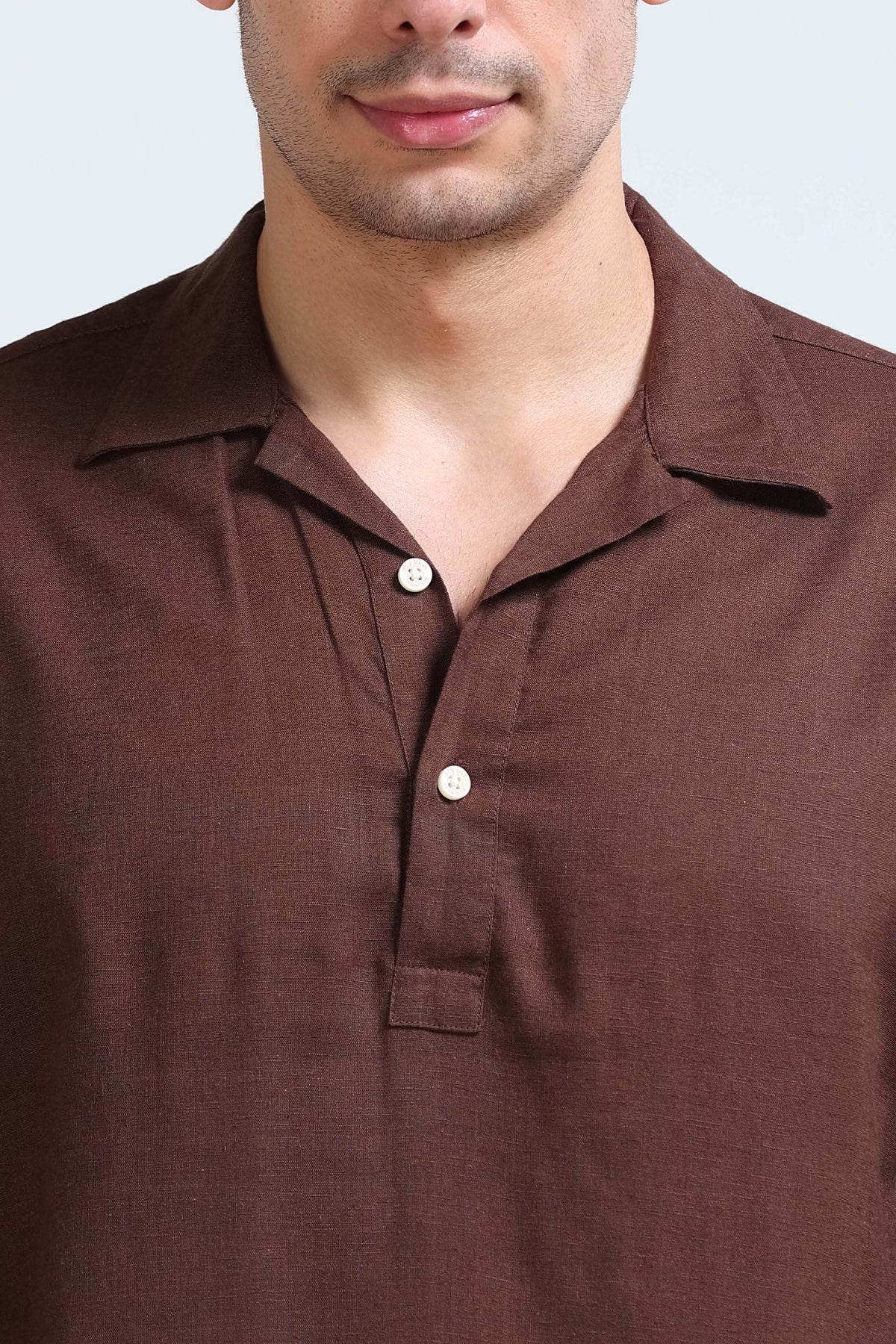 Dark Brown Linen Short Kurta - Slim Fit
