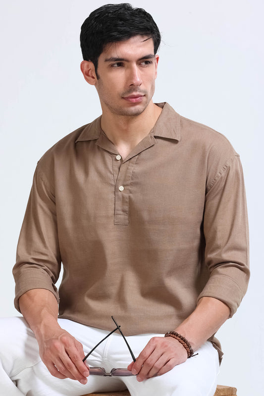 Light Brown Linen Short Kurta - Slim Fit