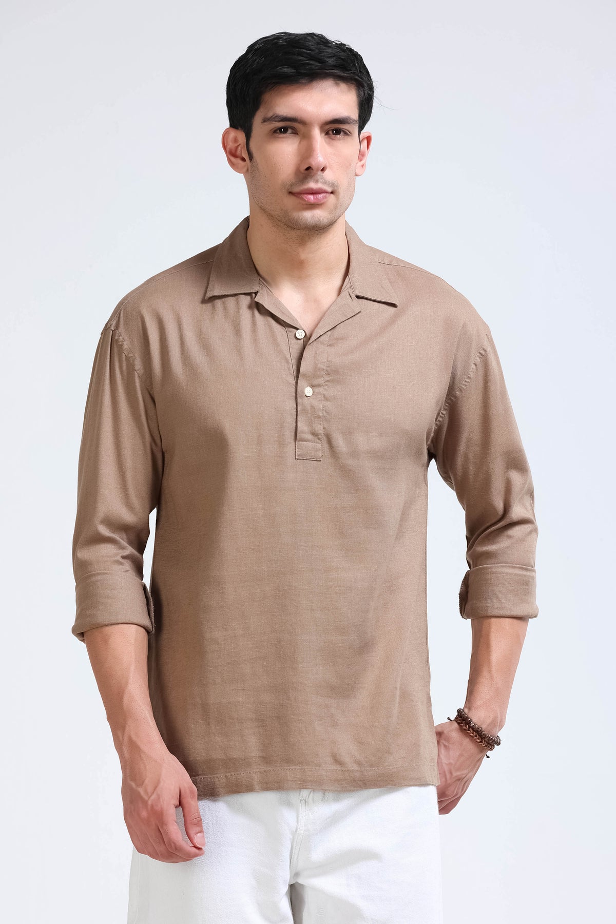Light Brown Linen Short Kurta - Slim Fit