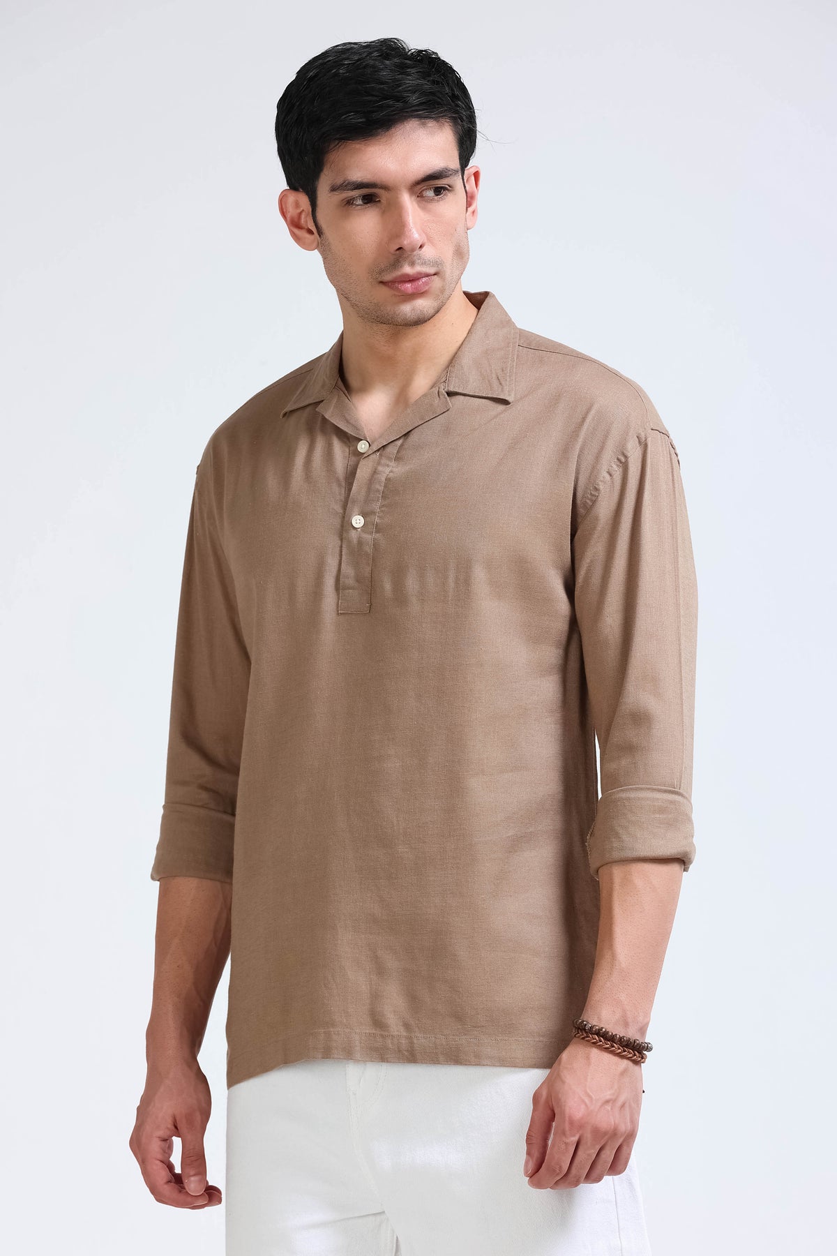 Light Brown Linen Short Kurta - Slim Fit