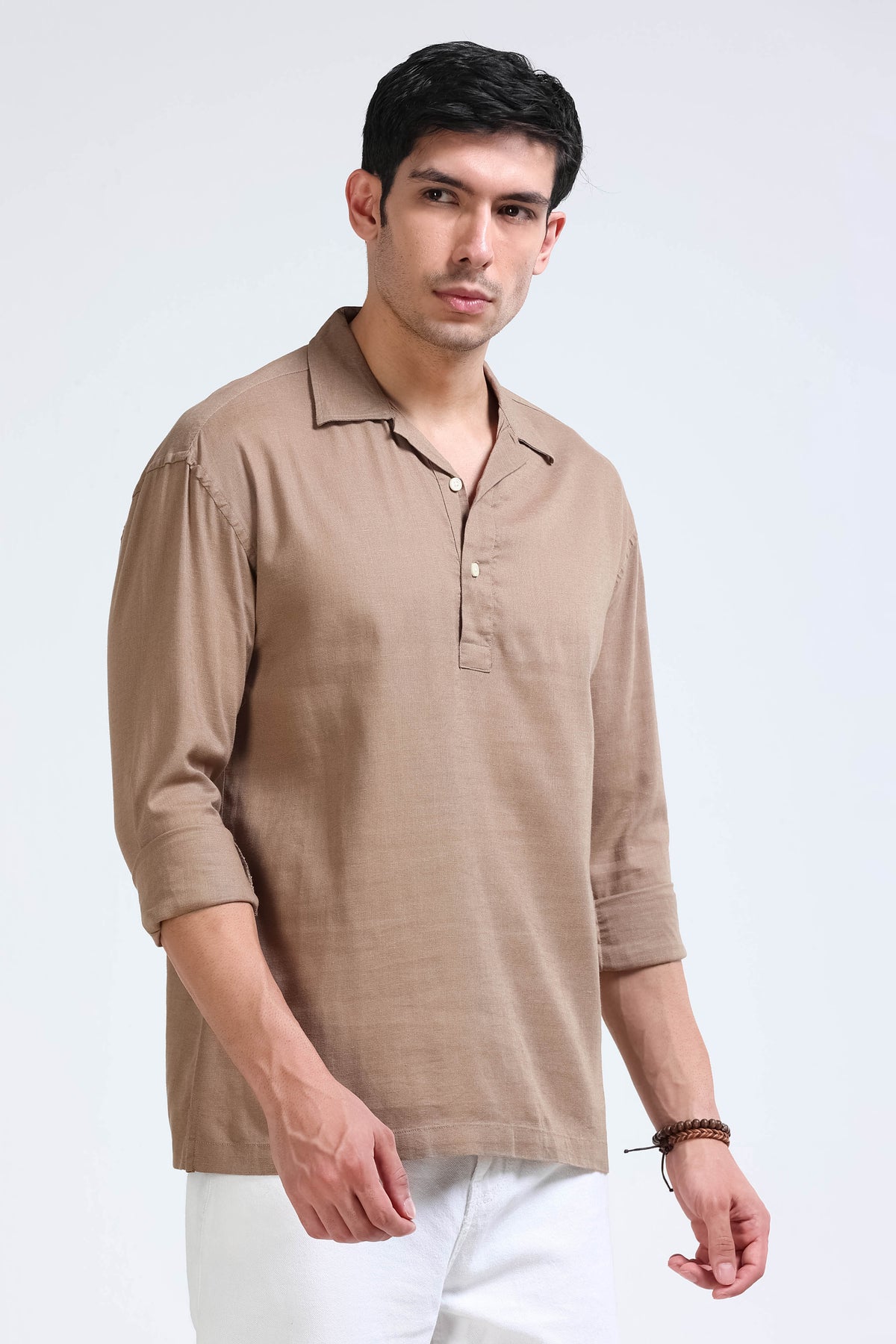 Light Brown Linen Short Kurta - Slim Fit