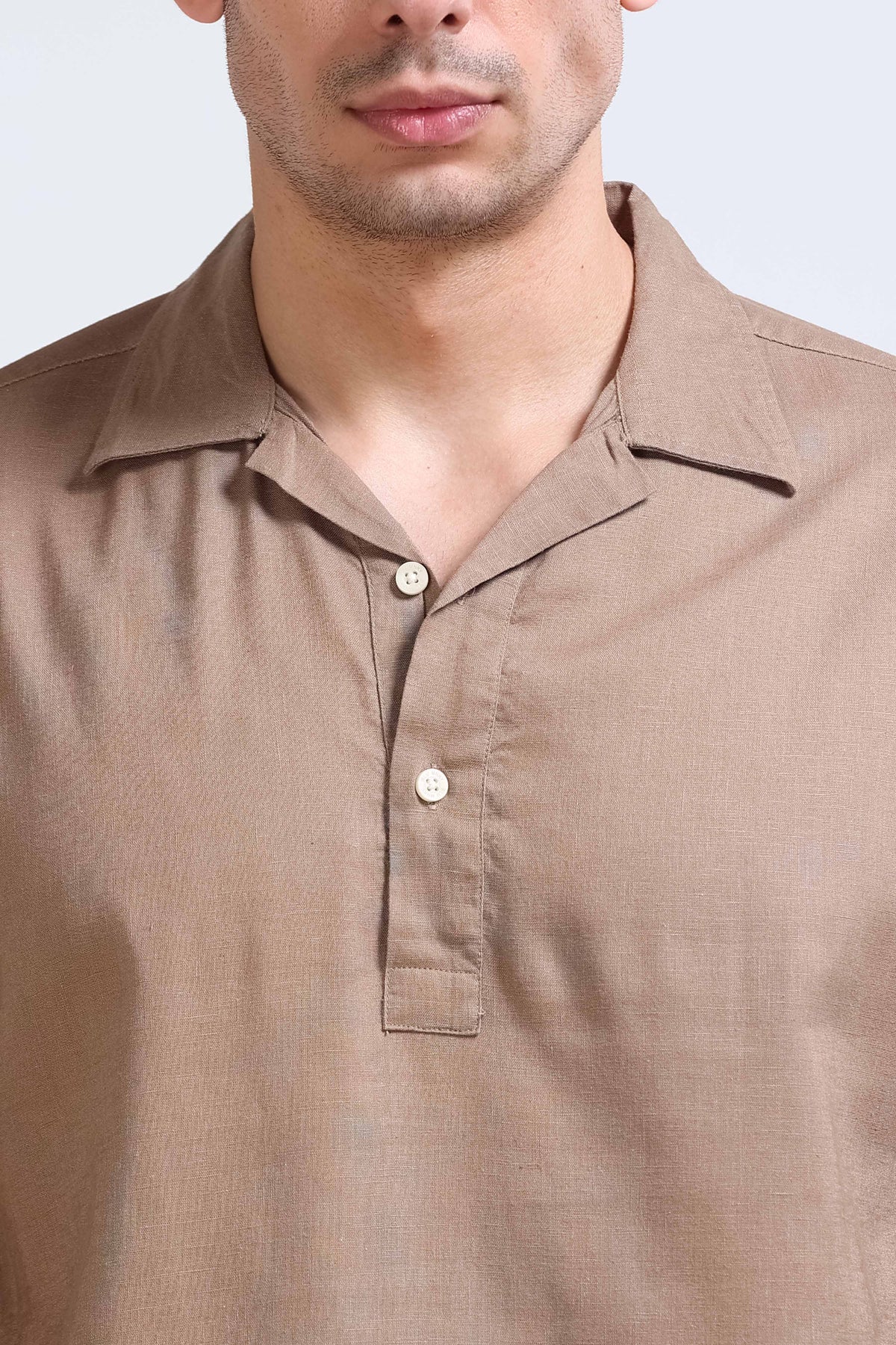 Light Brown Linen Short Kurta - Slim Fit