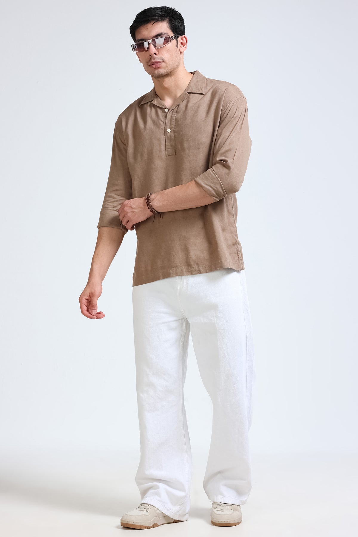 Light Brown Linen Short Kurta - Slim Fit