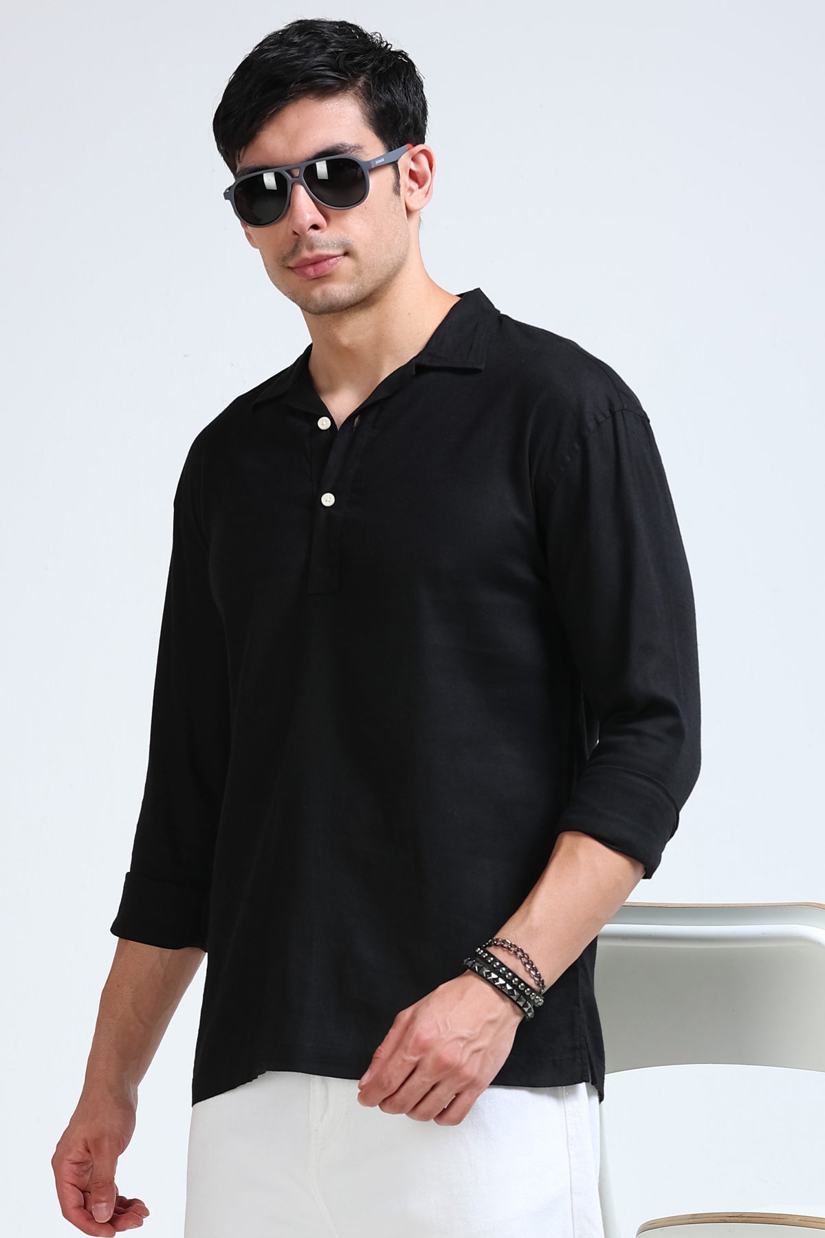 Black Linen Short Kurta - Slim Fit