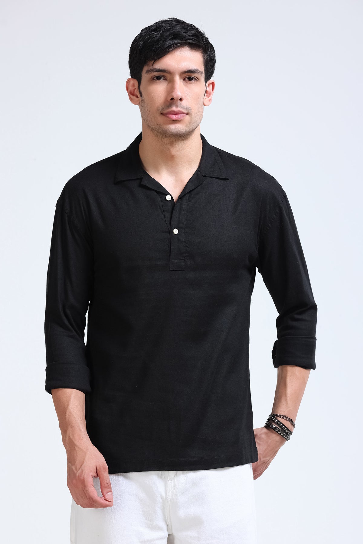 Black Linen Short Kurta - Slim Fit