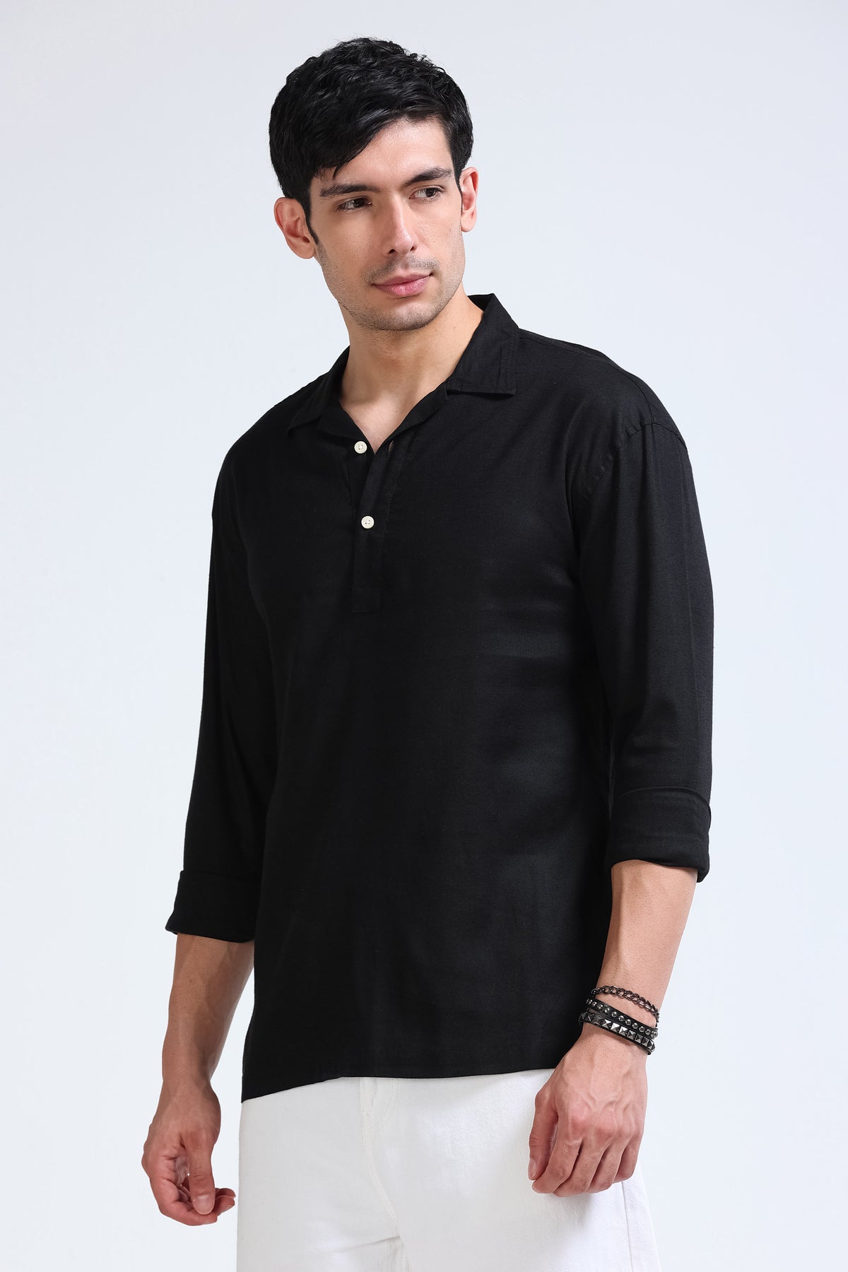 Black Linen Short Kurta - Slim Fit