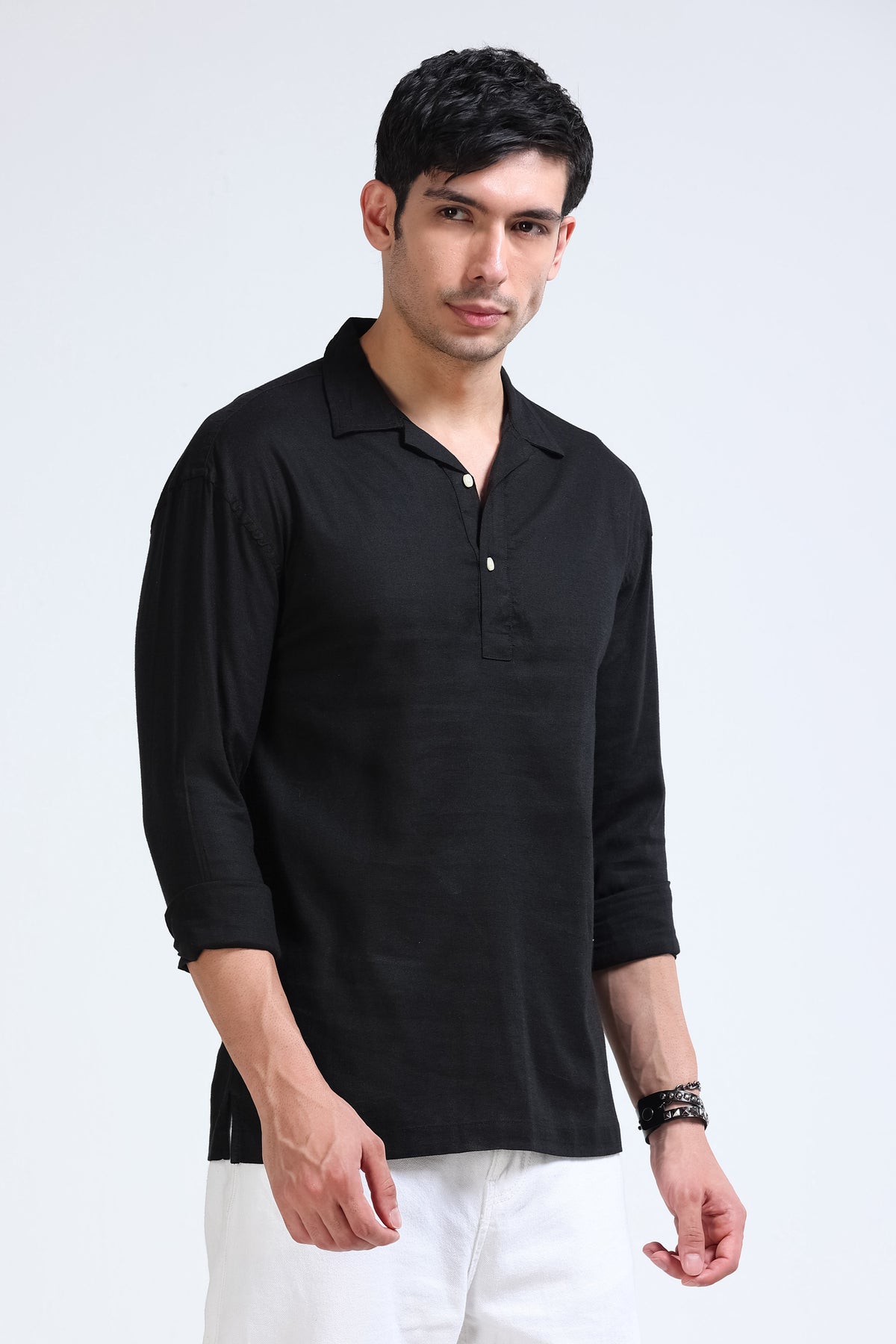 Black Linen Short Kurta - Slim Fit