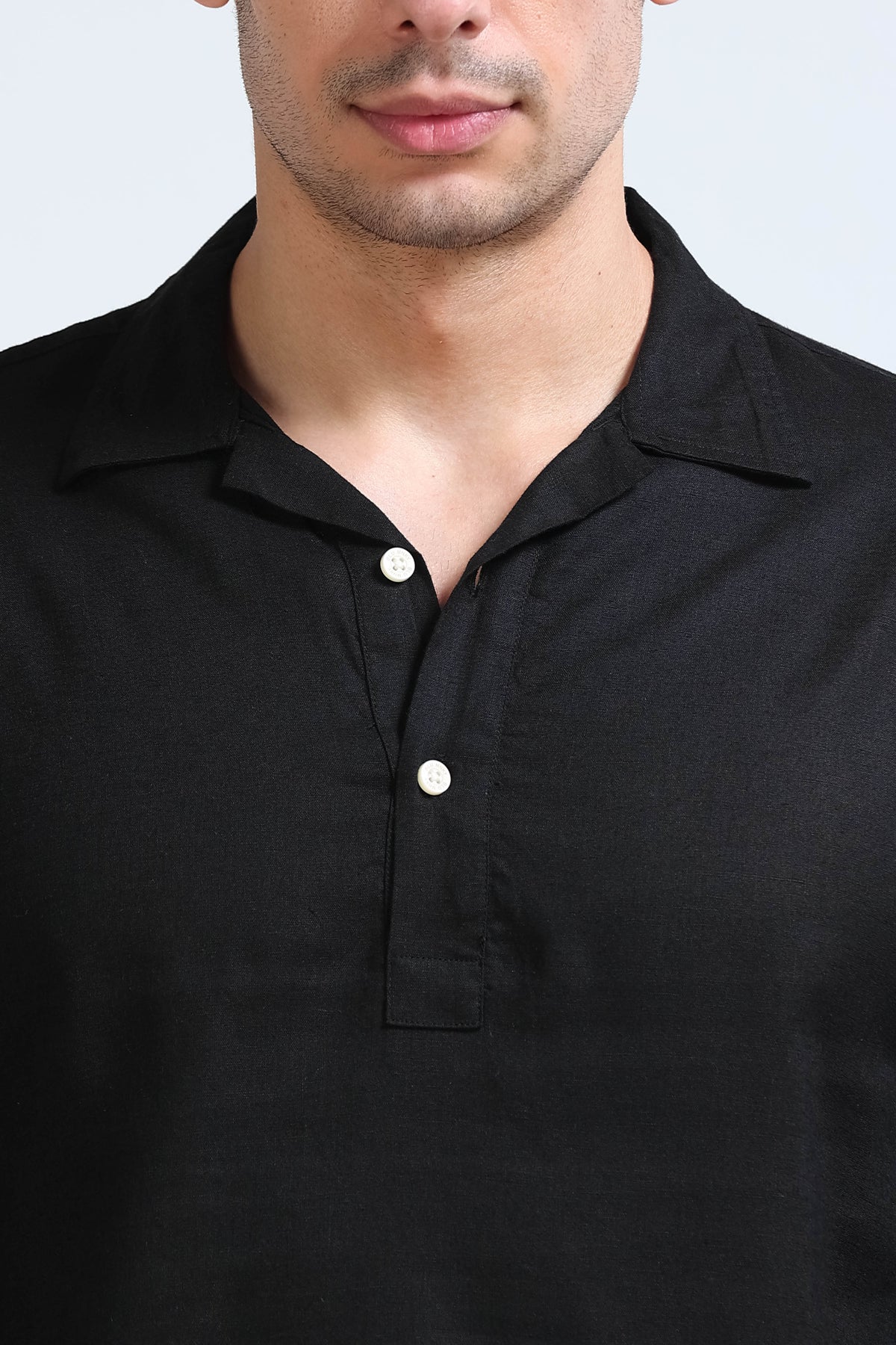 Black Linen Short Kurta - Slim Fit