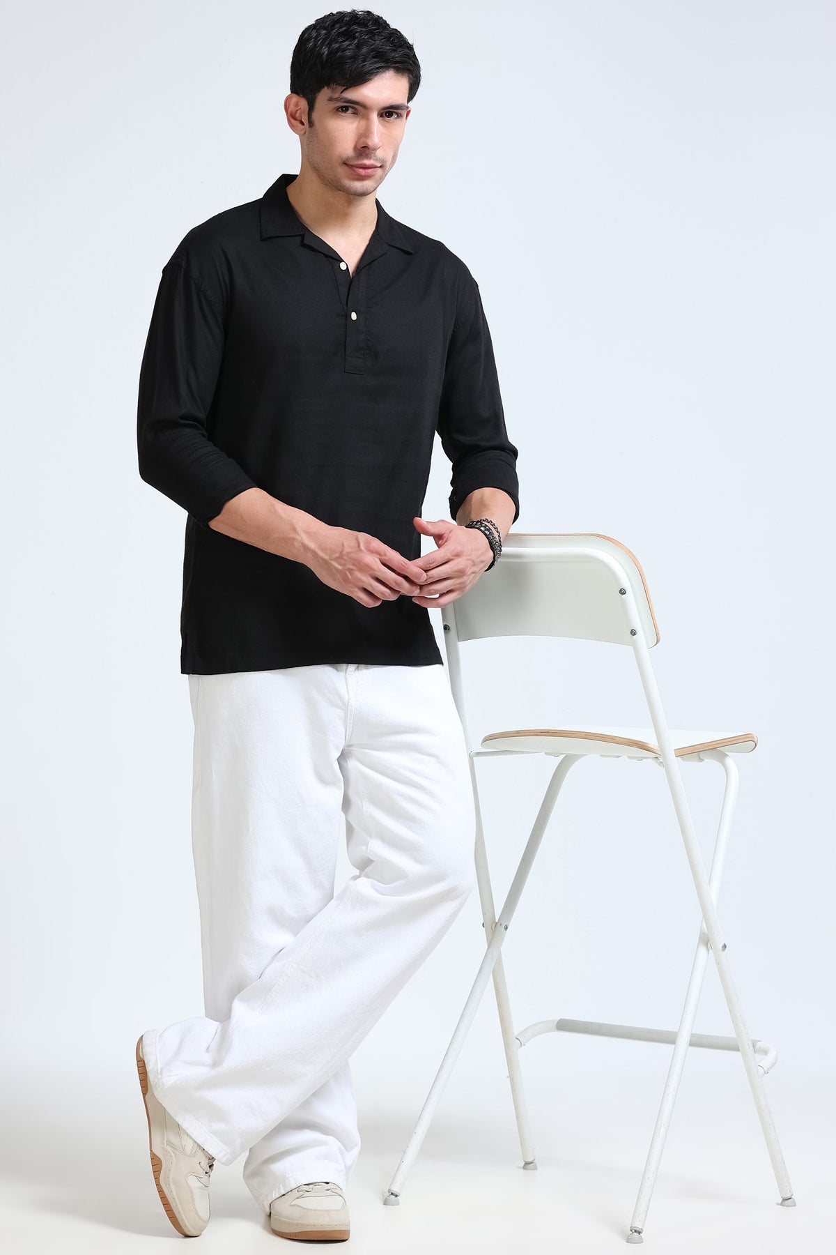 Black Linen Short Kurta - Slim Fit