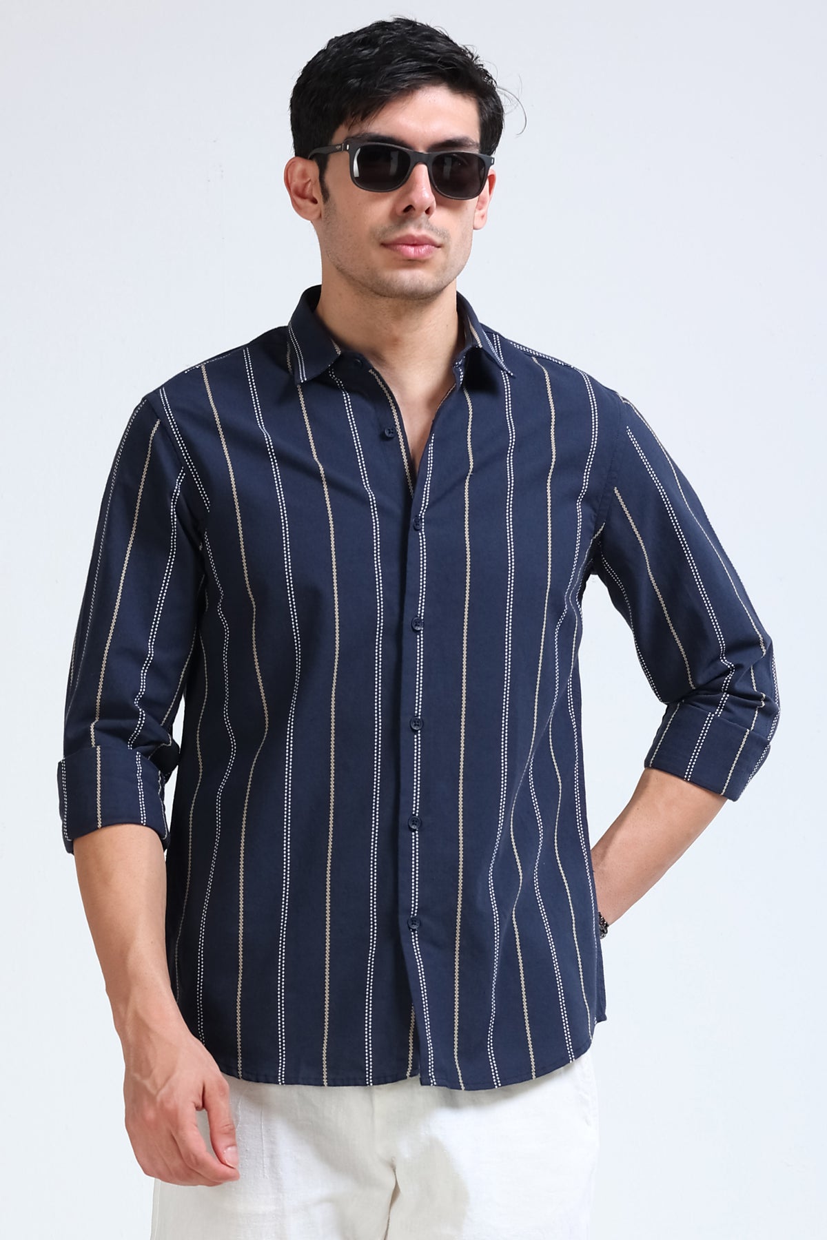 Navy Bold Striped Shirt - Slim Fit