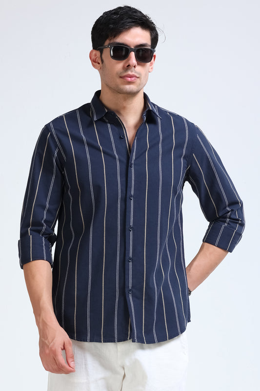 Navy Bold Striped Shirt - Slim Fit