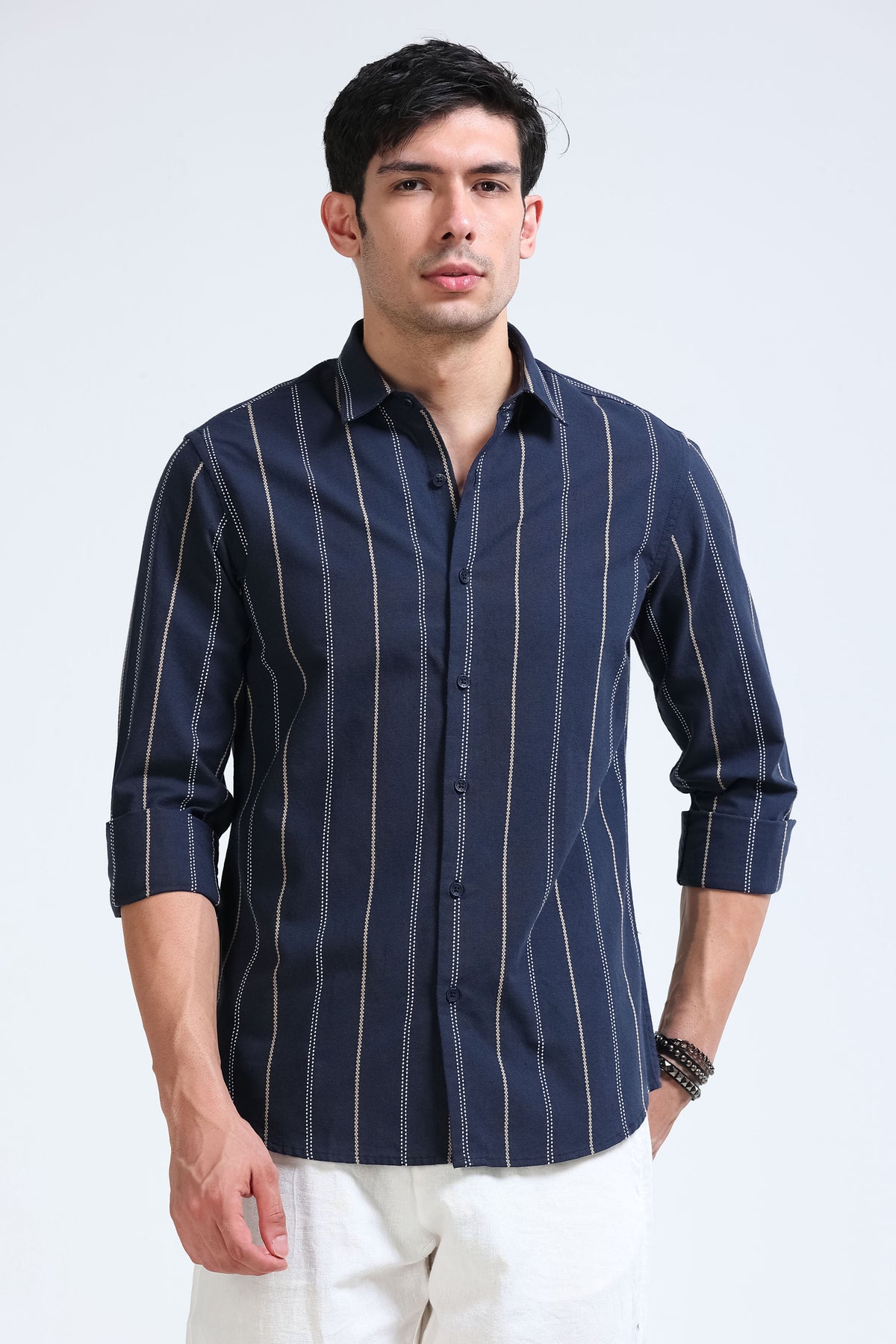 Navy Bold Striped Shirt - Slim Fit