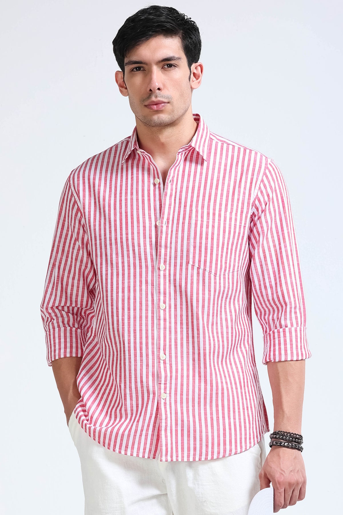 Red White Pinstripe Shirt - Slim Fit