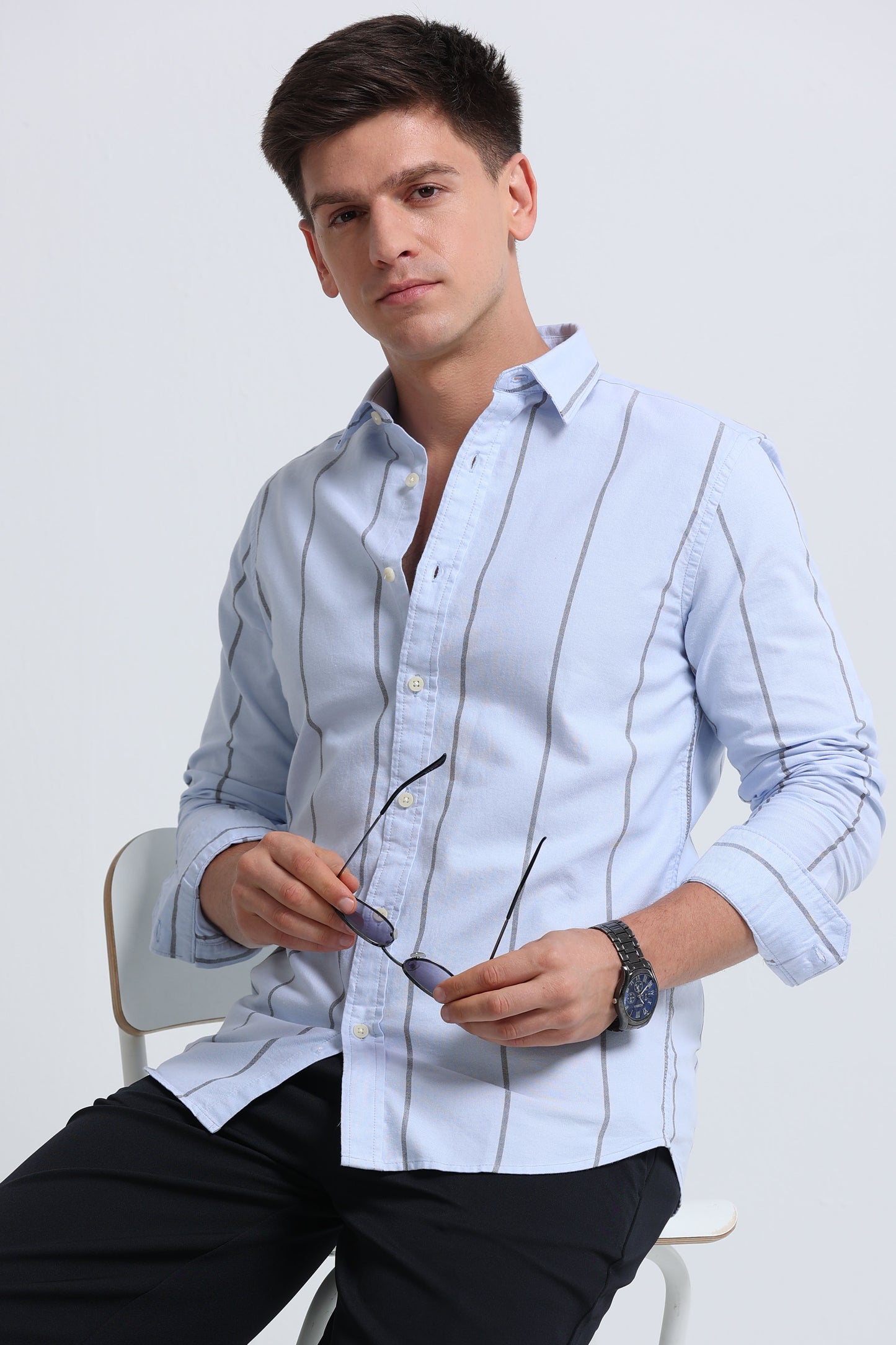 Classic Striped Oxford Cotton Shirt Sky Blue