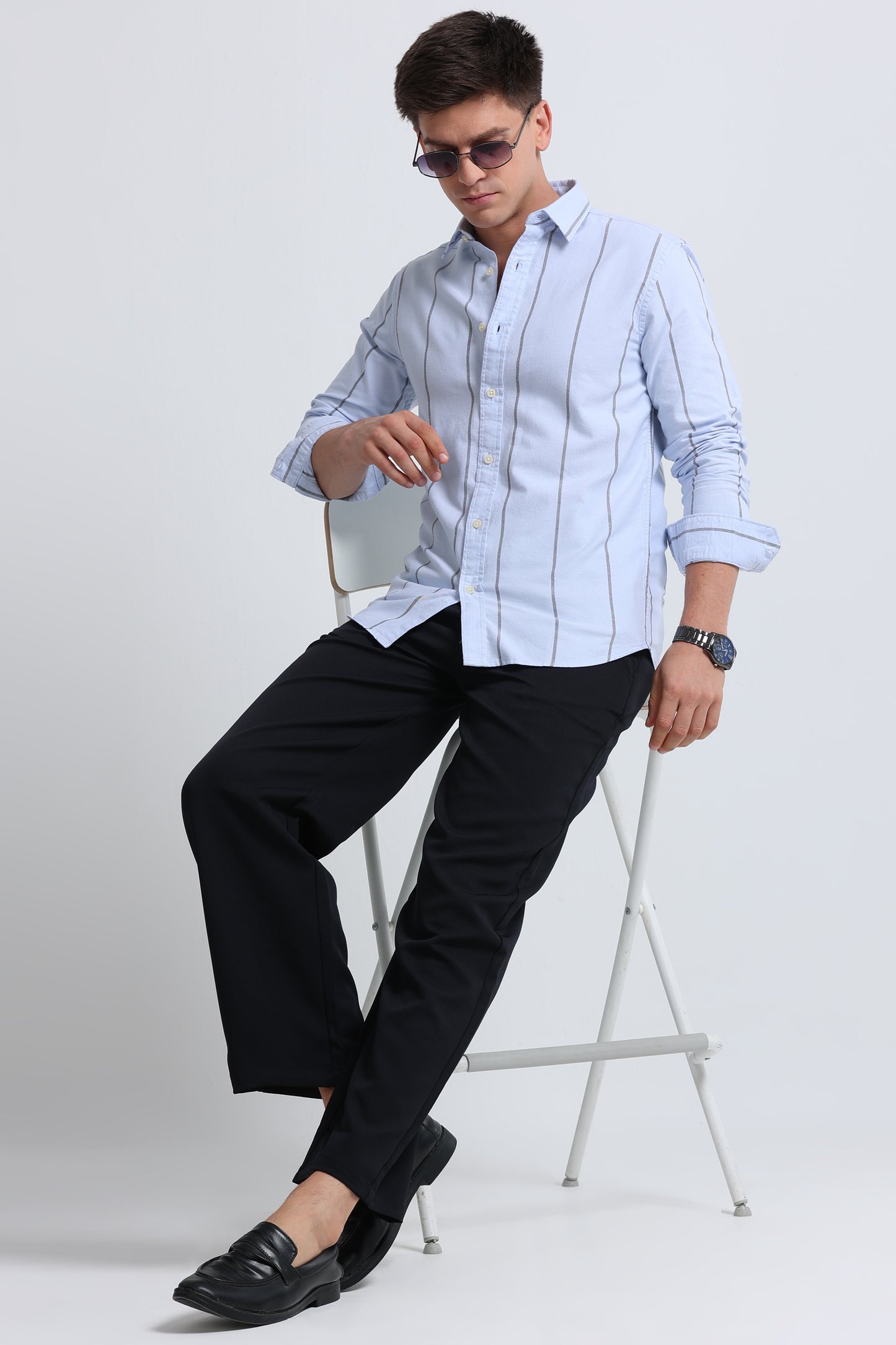 Classic Striped Oxford Cotton Shirt Sky Blue