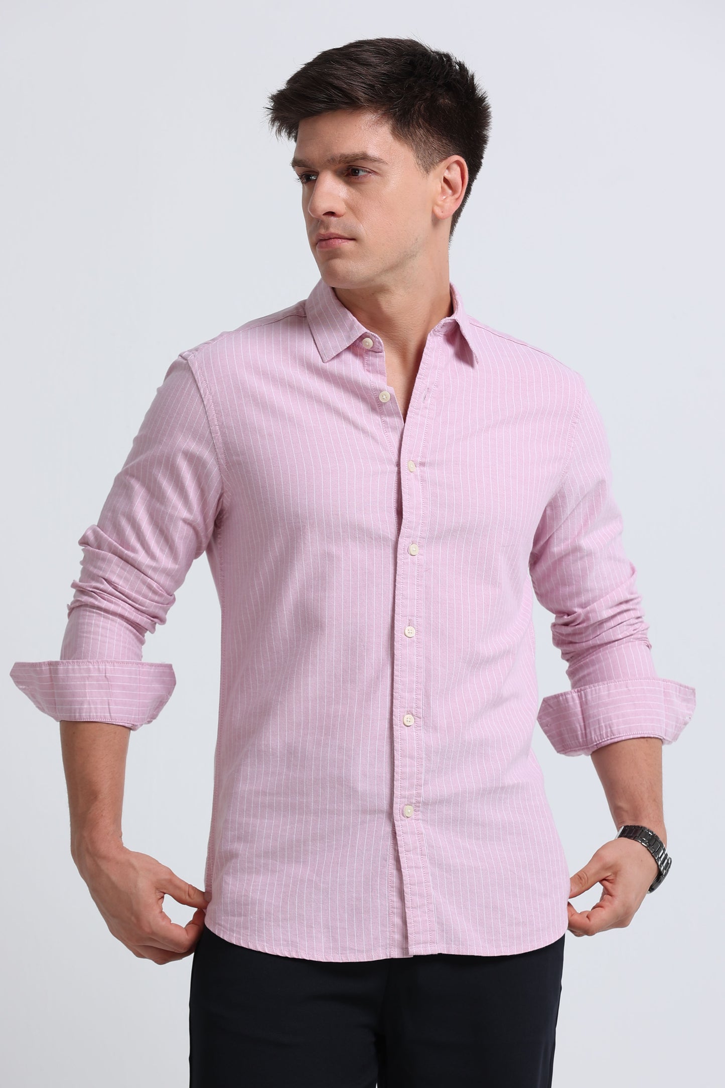 Slim Striped Cotton Oxford Shirt Pink