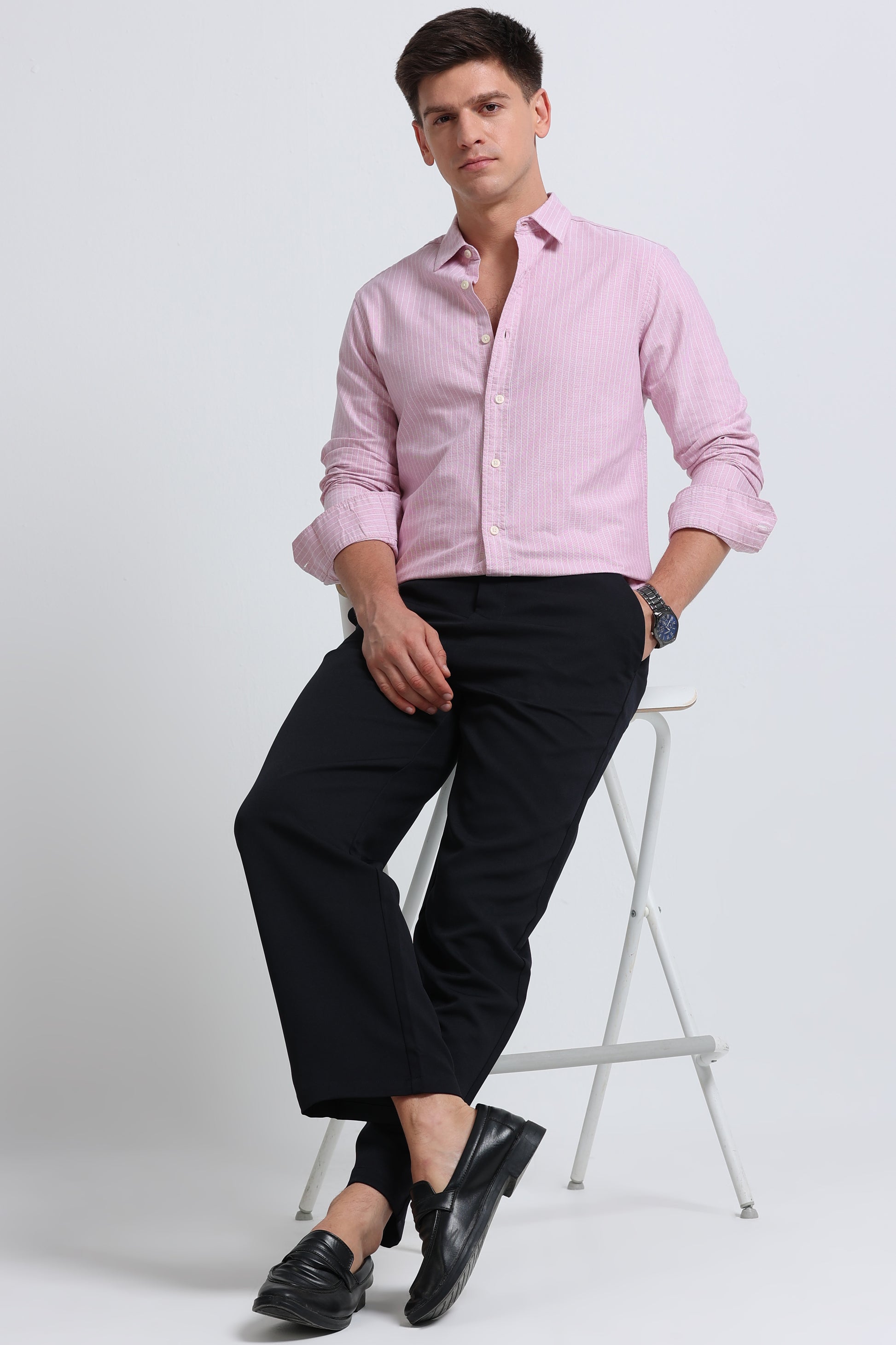Slim Striped Cotton Oxford Shirt Pink