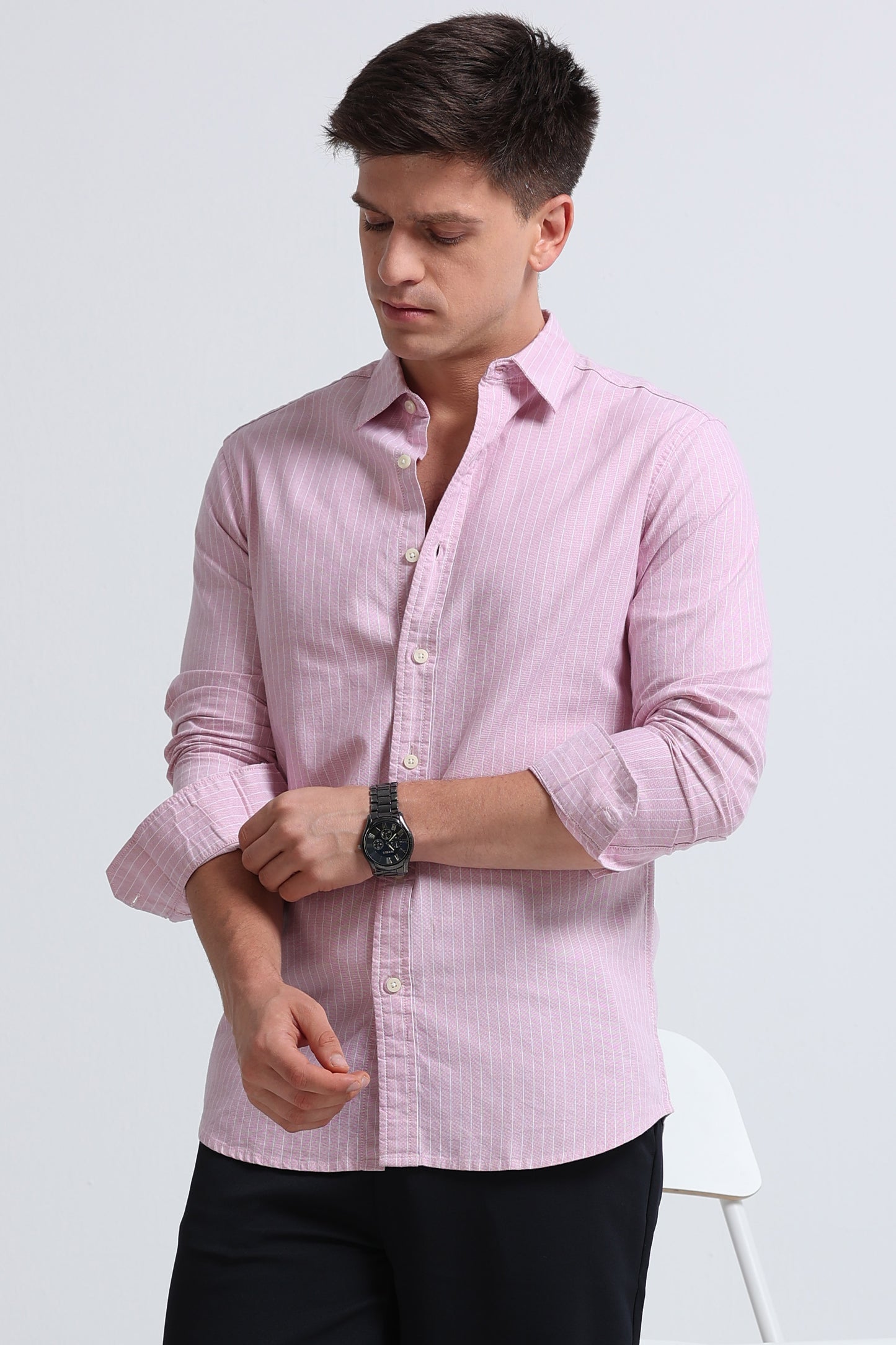 Slim Striped Cotton Oxford Shirt Pink