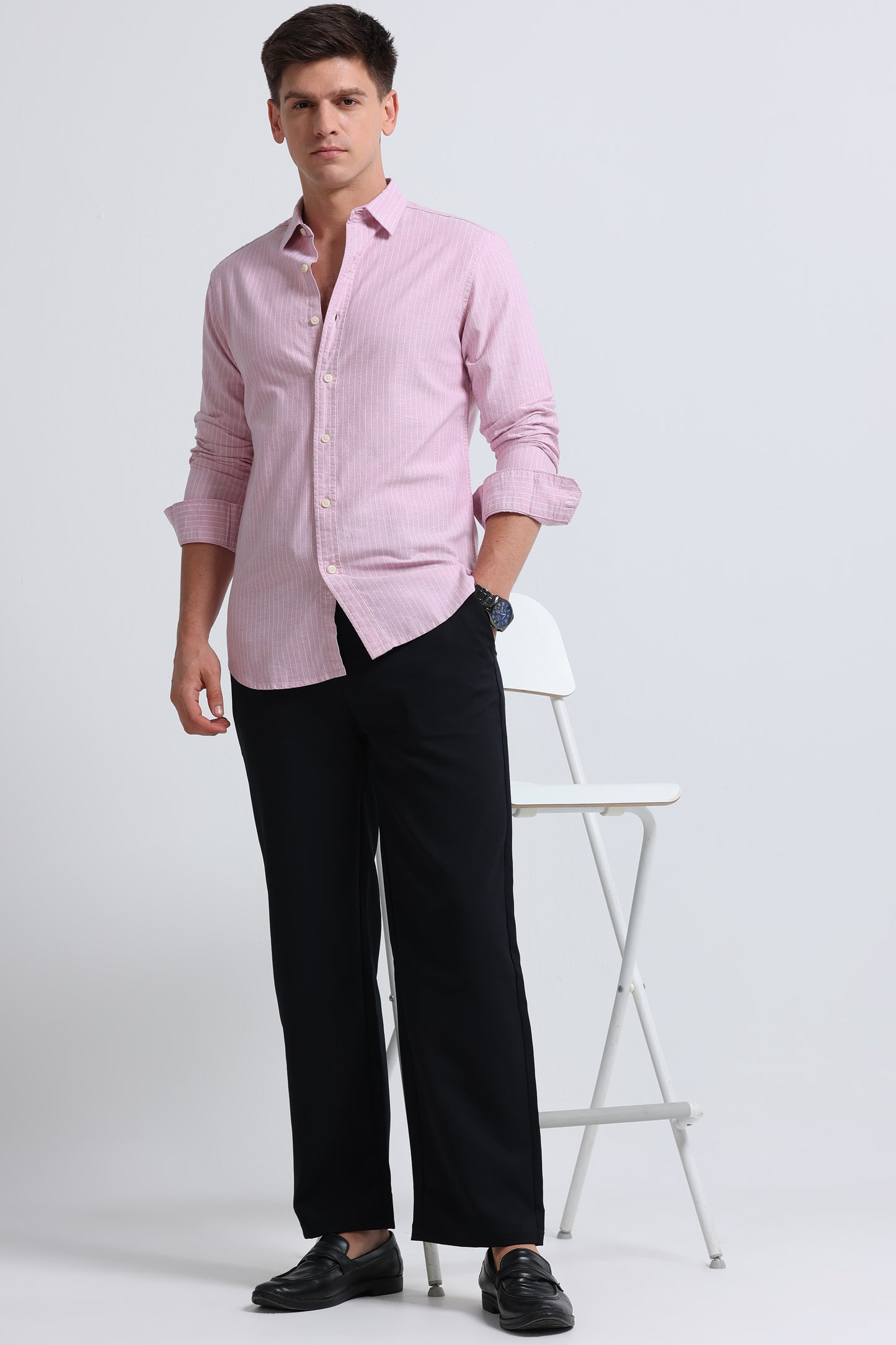 Slim Striped Cotton Oxford Shirt Pink