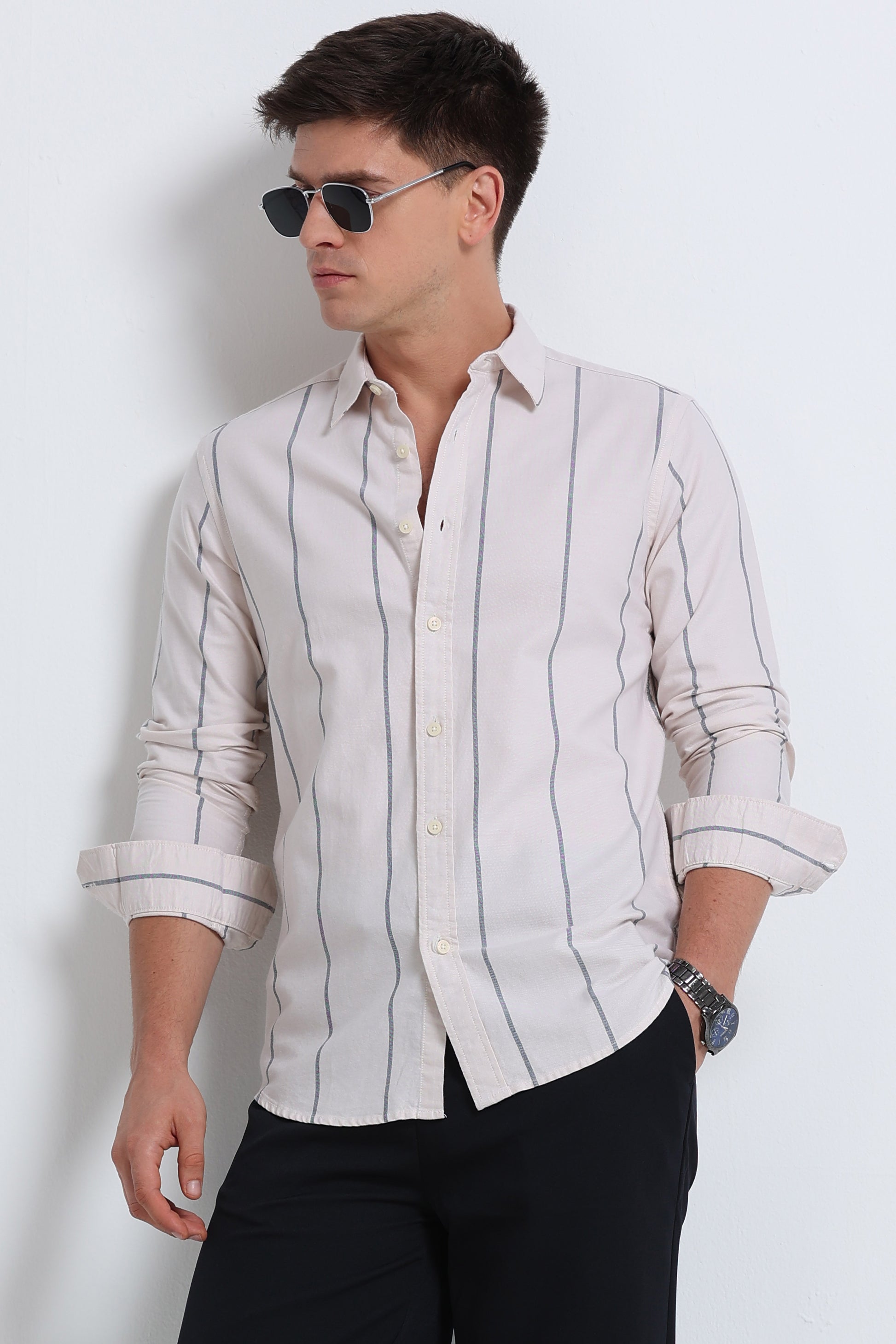 Classic Striped Oxford Cotton Shirt Lt Cream