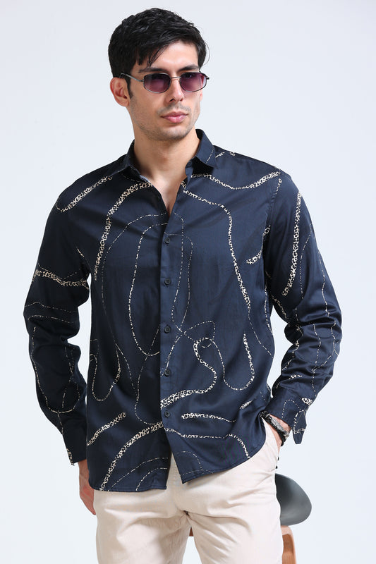 Navy Cream Printed Shirt - Slim Fit Party Wear