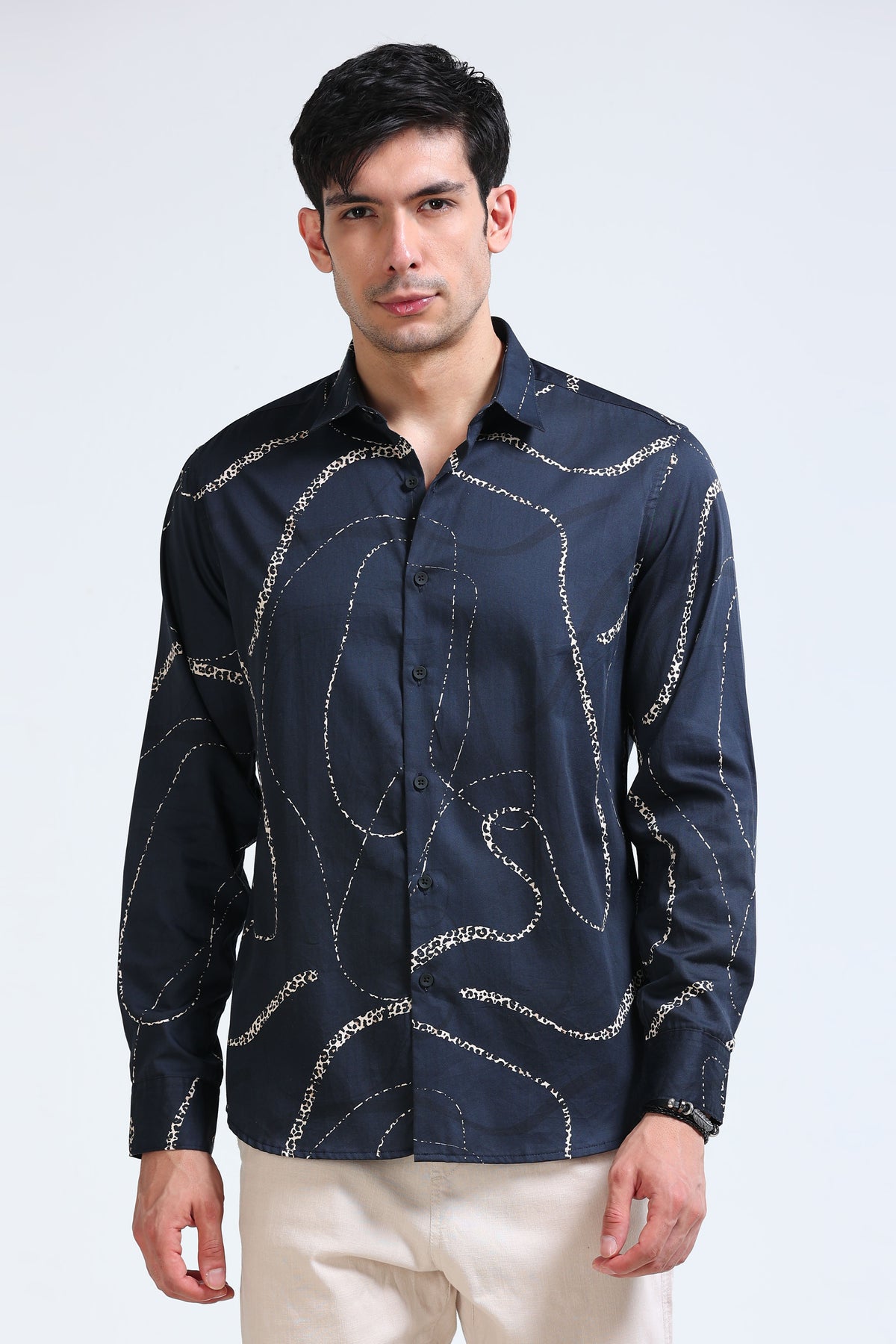 Navy Cream Printed Shirt - Slim Fit Party Wear