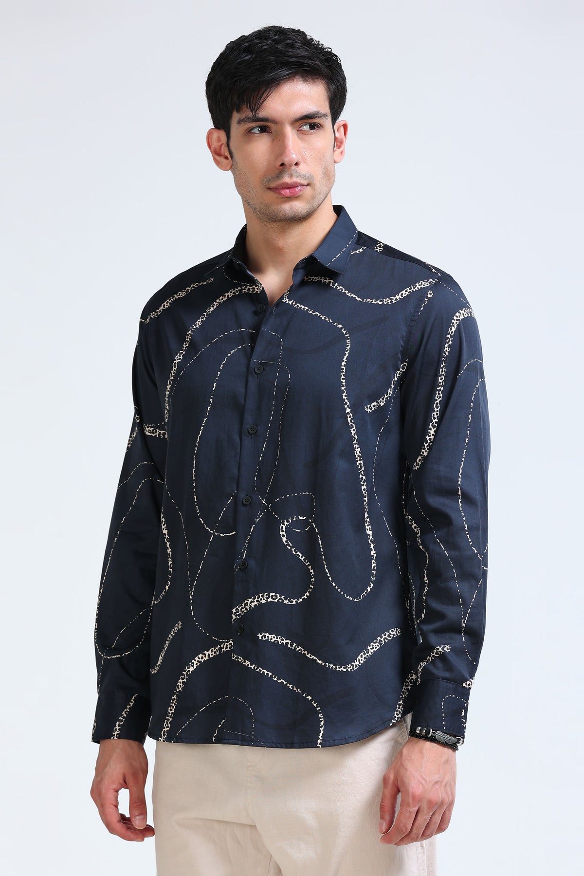 Navy Cream Printed Shirt - Slim Fit Party Wear
