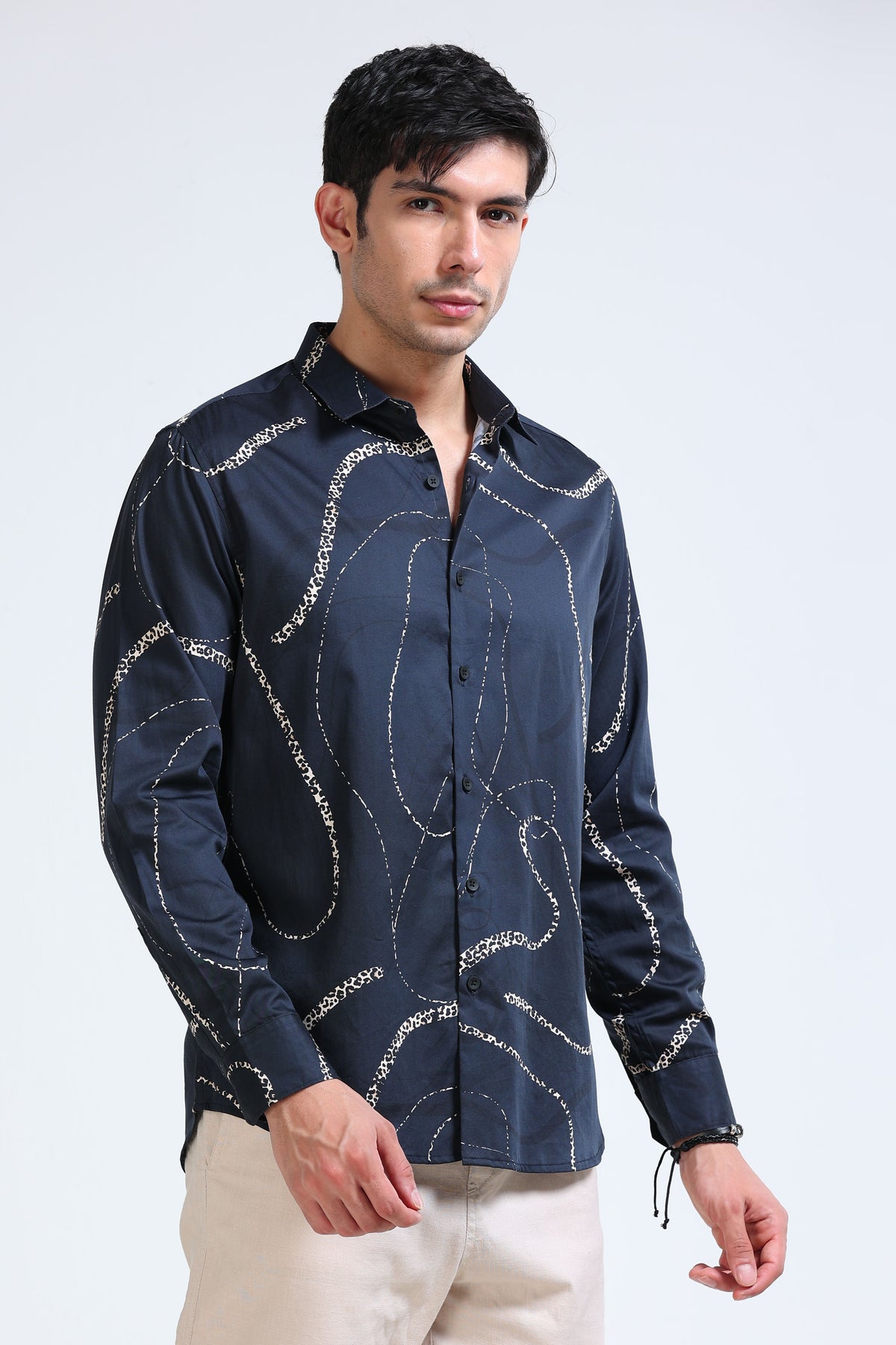 Navy Cream Printed Shirt - Slim Fit Party Wear