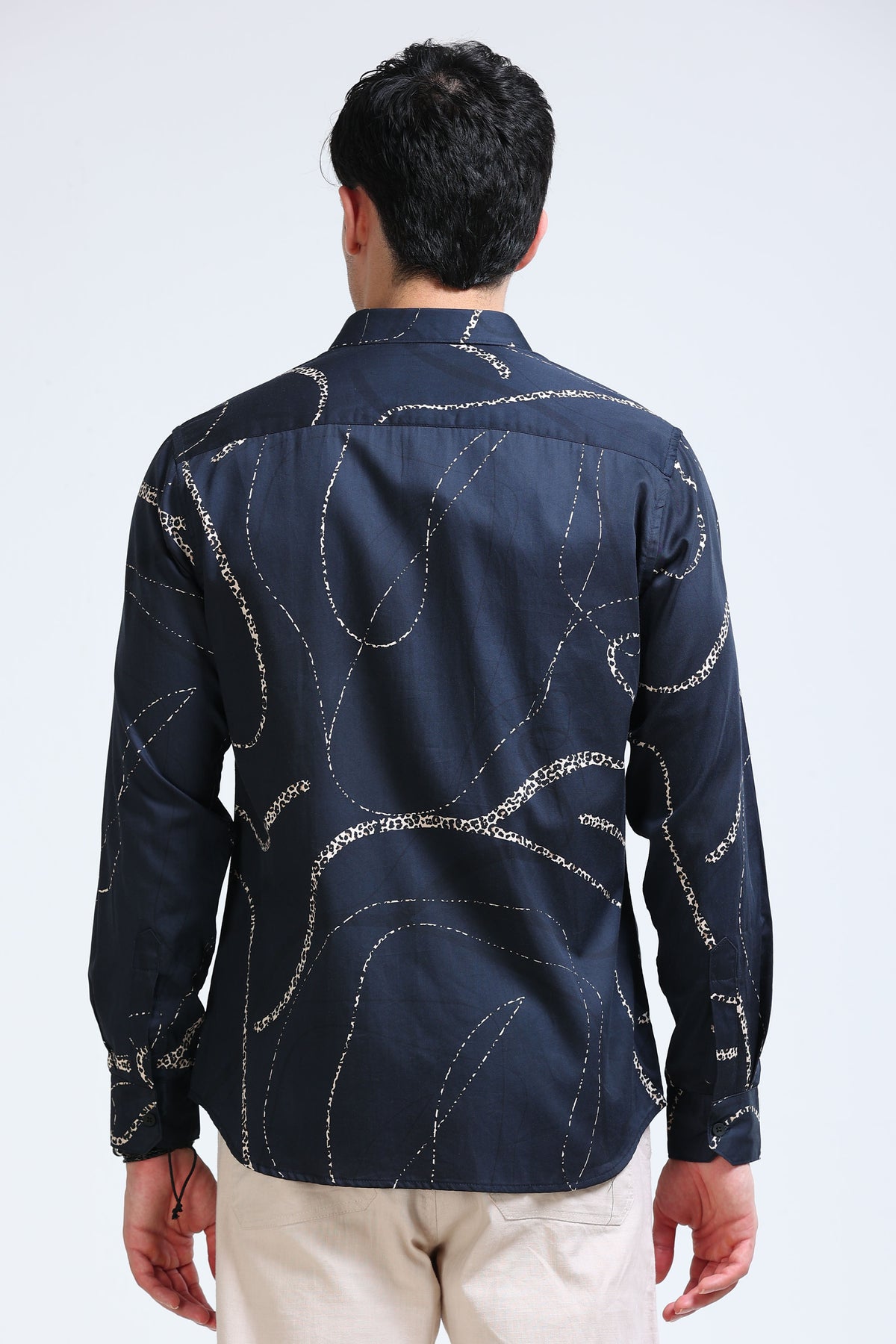 Navy Cream Printed Shirt - Slim Fit Party Wear