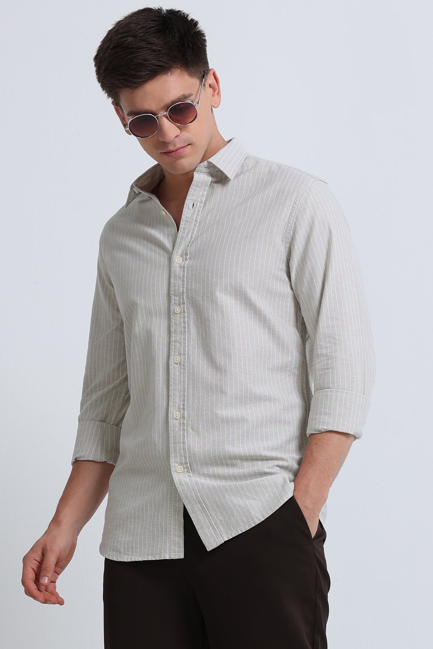 Slim Striped Cotton Oxford Shirt Lt Beige