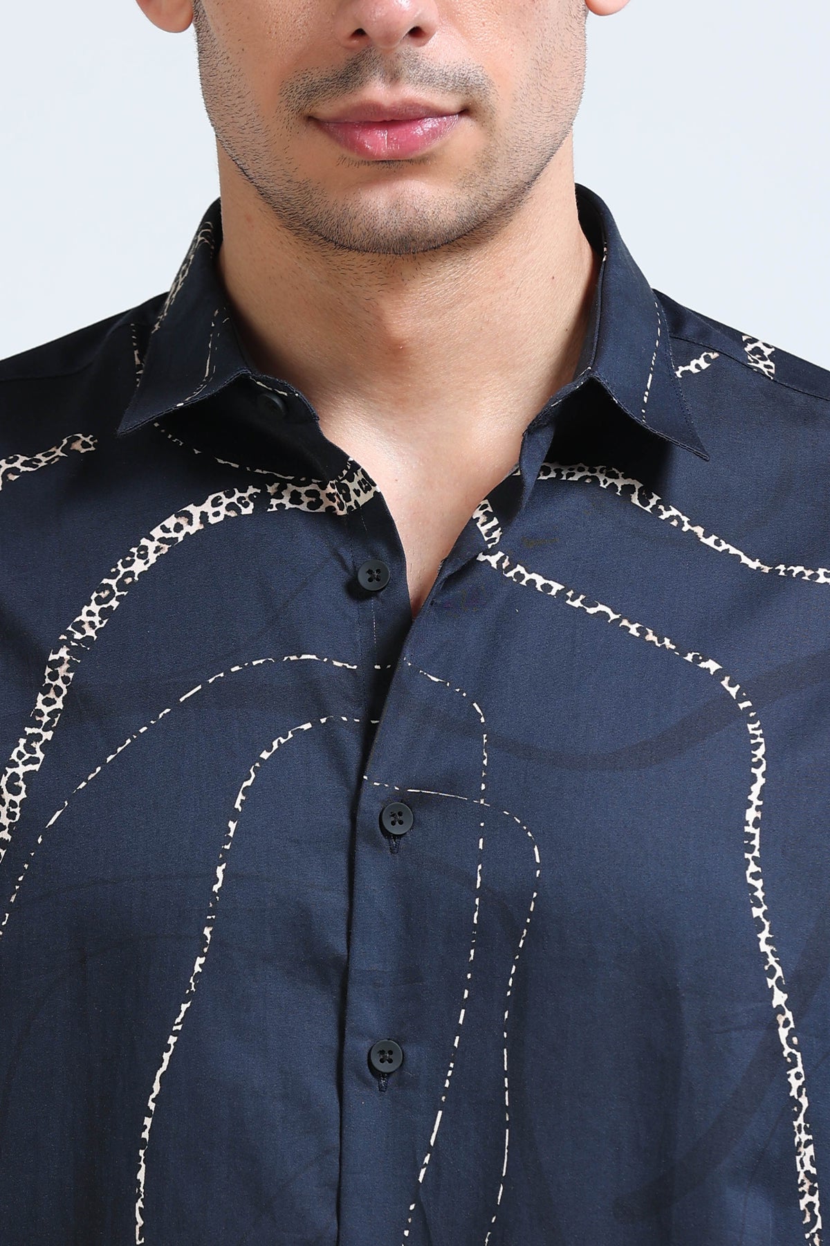 Navy Cream Printed Shirt - Slim Fit Party Wear