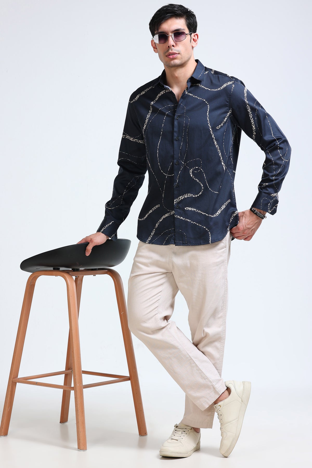 Navy Cream Printed Shirt - Slim Fit Party Wear