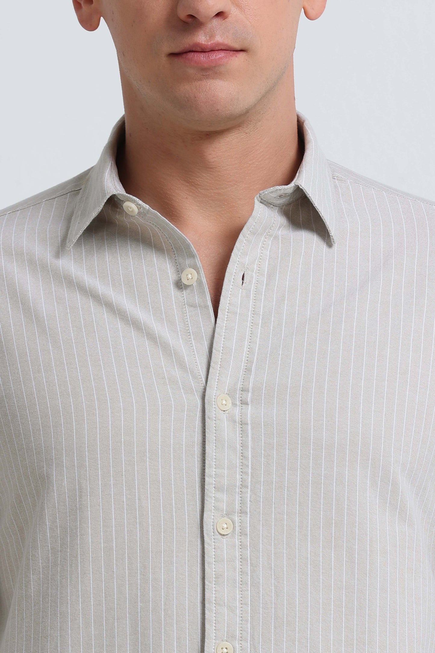 Slim Striped Cotton Oxford Shirt Lt Beige