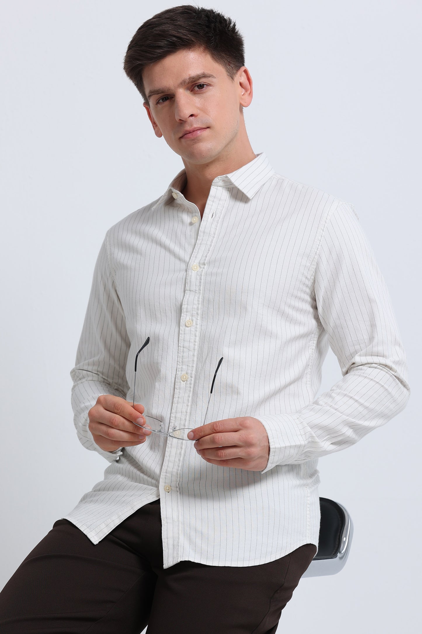 Slim Striped Cotton Oxford Shirt Lt Cream