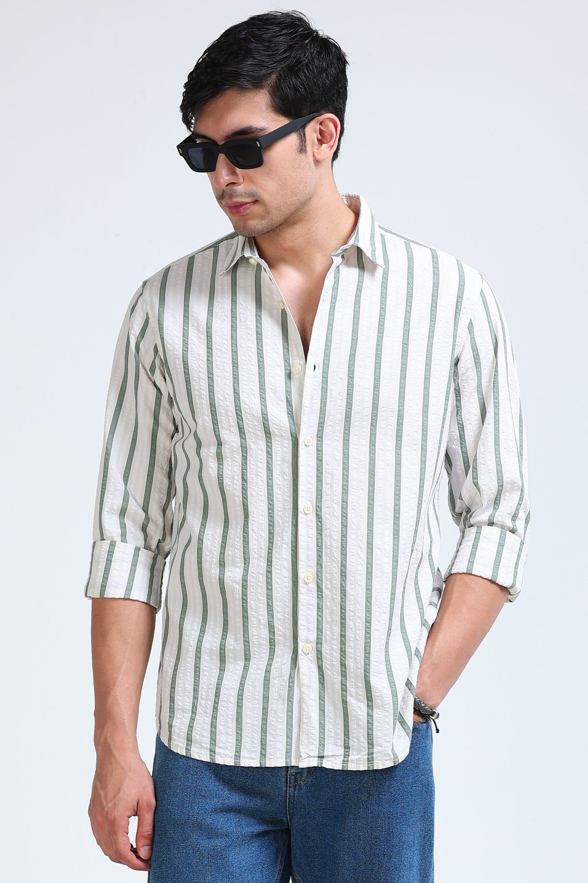 Men's Seersucker Striped Shirt Green Cream