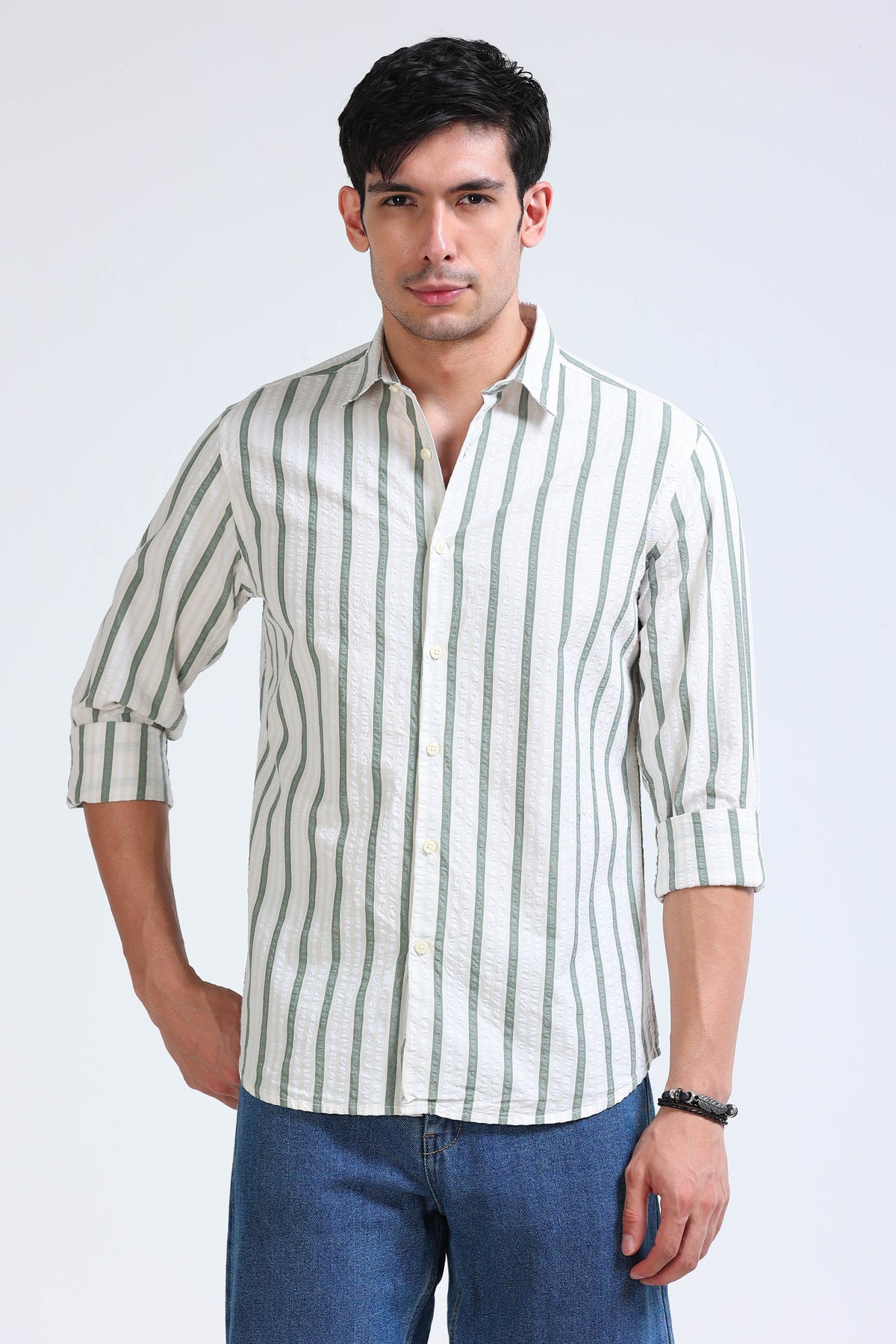 Men's Seersucker Striped Shirt Green Cream
