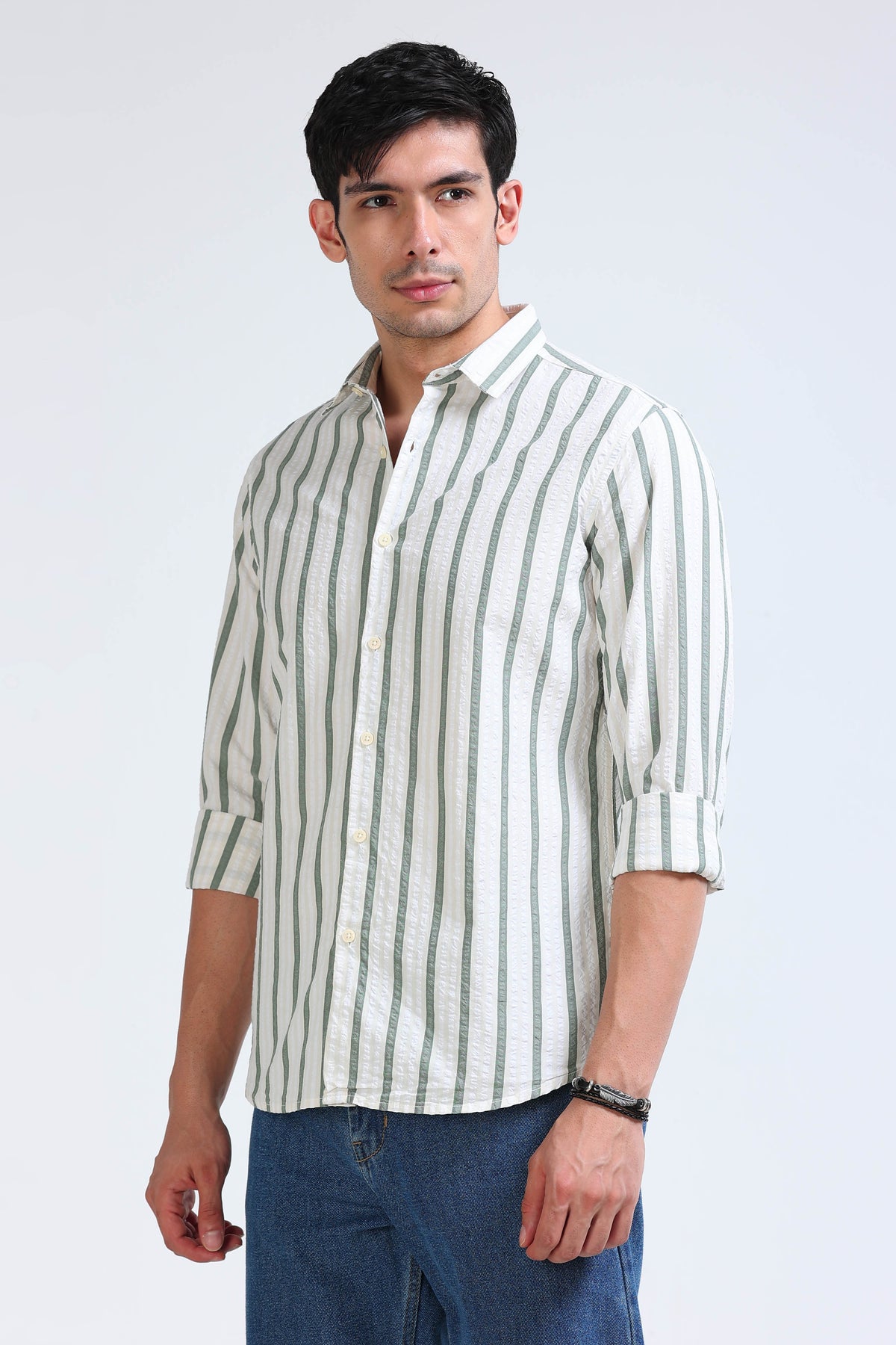 Men's Seersucker Striped Shirt Green Cream