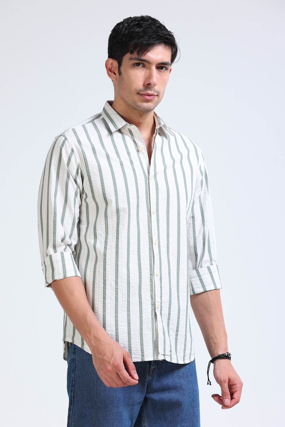 Men's Seersucker Striped Shirt Green Cream