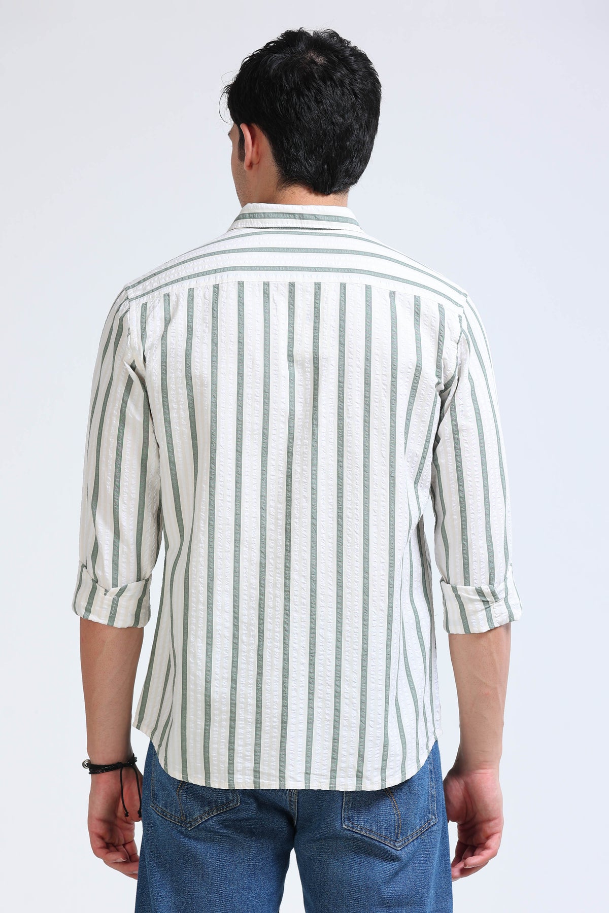 Men's Seersucker Striped Shirt Green Cream