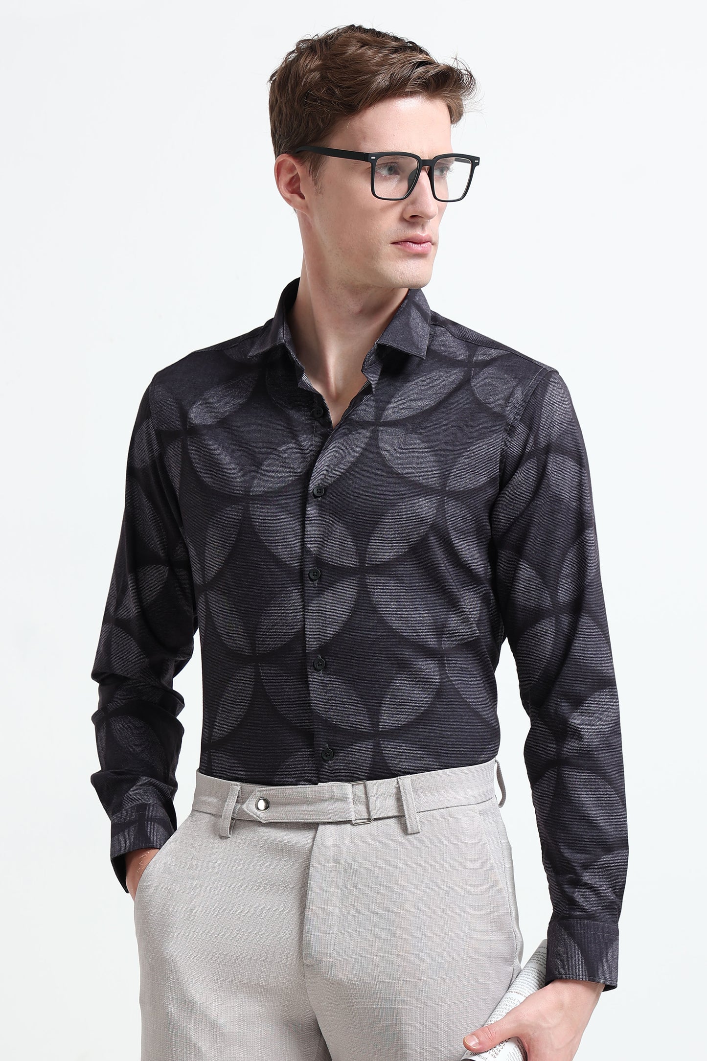 Contemporary Printed Cotton Blend Shirt Lt Grey Black